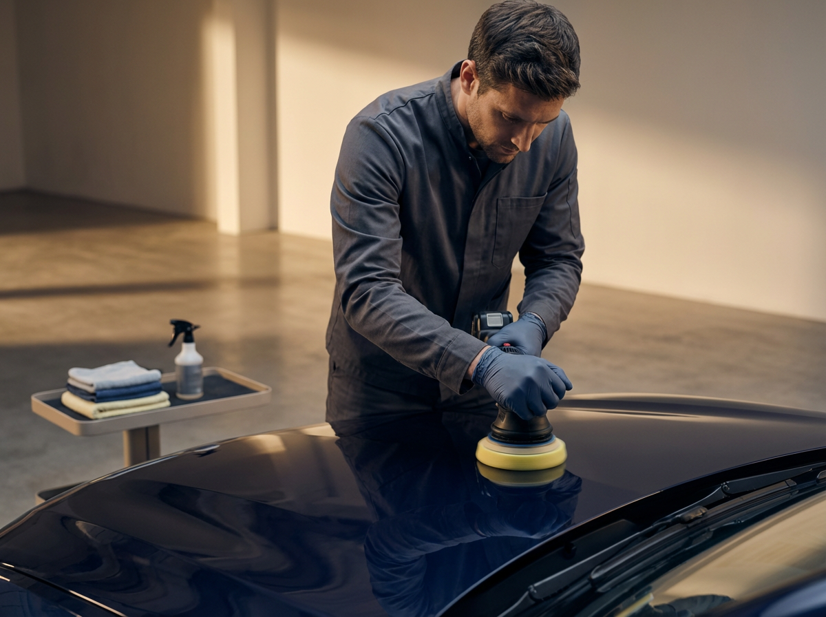 A man wearing a gray shirt and blue gloves polishes a black car with a polishing machine in an indoor setting. A table holds cleaning cloths and a spray bottle.