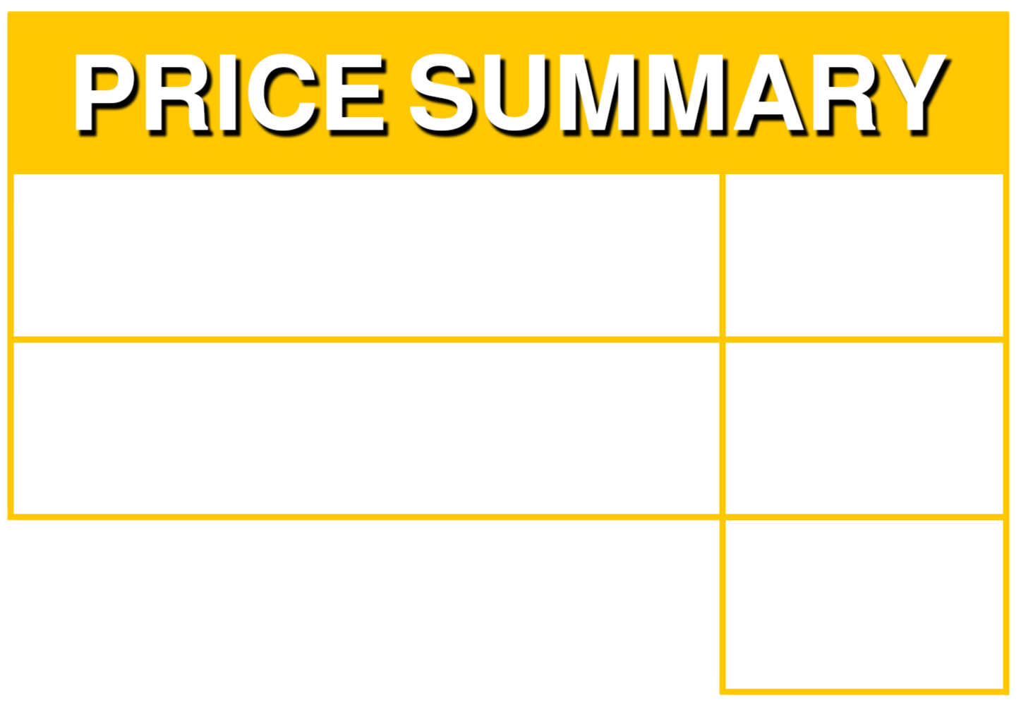 A price summary chart with a yellow header labeled 'Price Summary' in large white and black text. The chart has several empty sections separated by yellow lines, on a black background.