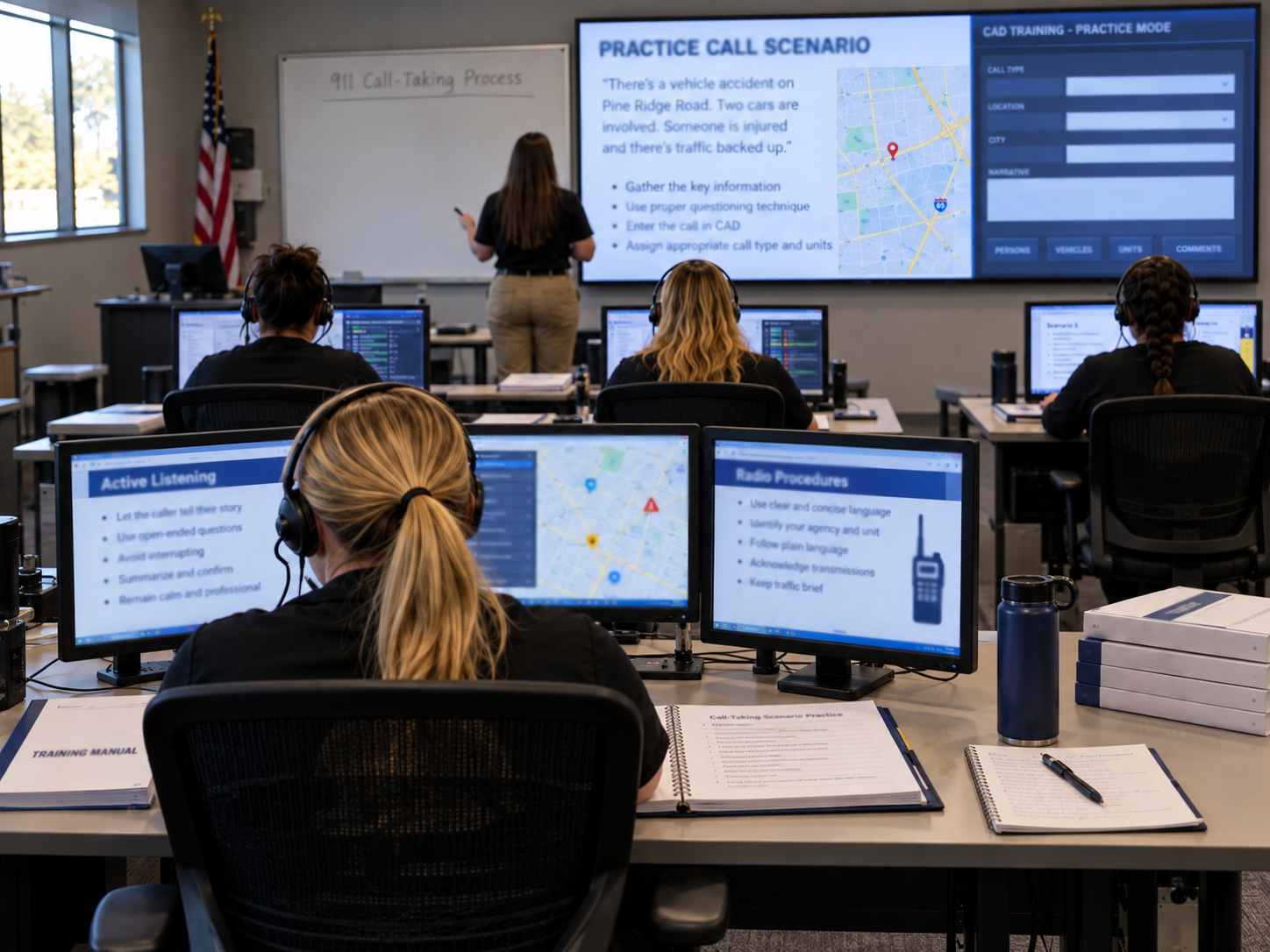 Classroom with students at computer stations, instructor at front, large screen displaying call scenario and map, and whiteboard with '911 Call-Taking Process'