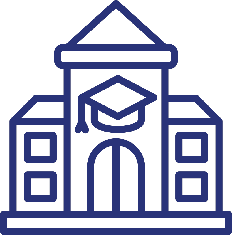 Line drawing of a school building with a graduation cap over the entrance, representing education or graduation.