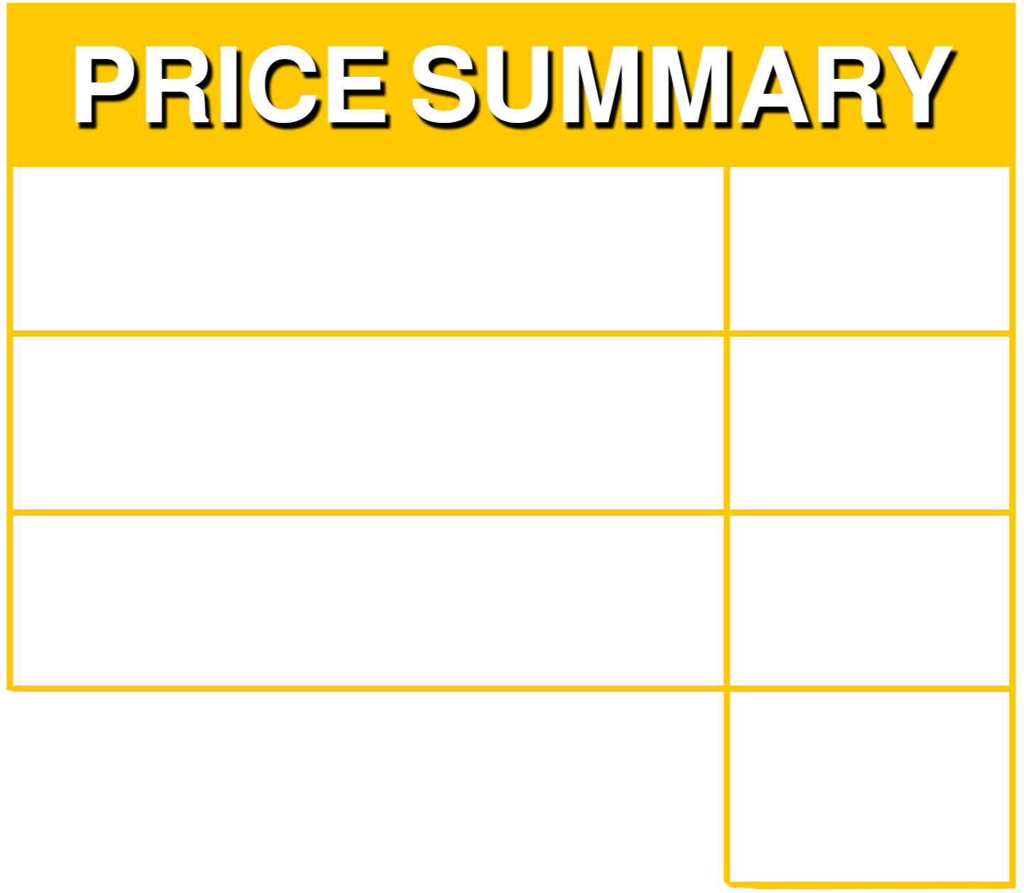 A yellow corporate price summary document with white and black text header and blank columns for information.