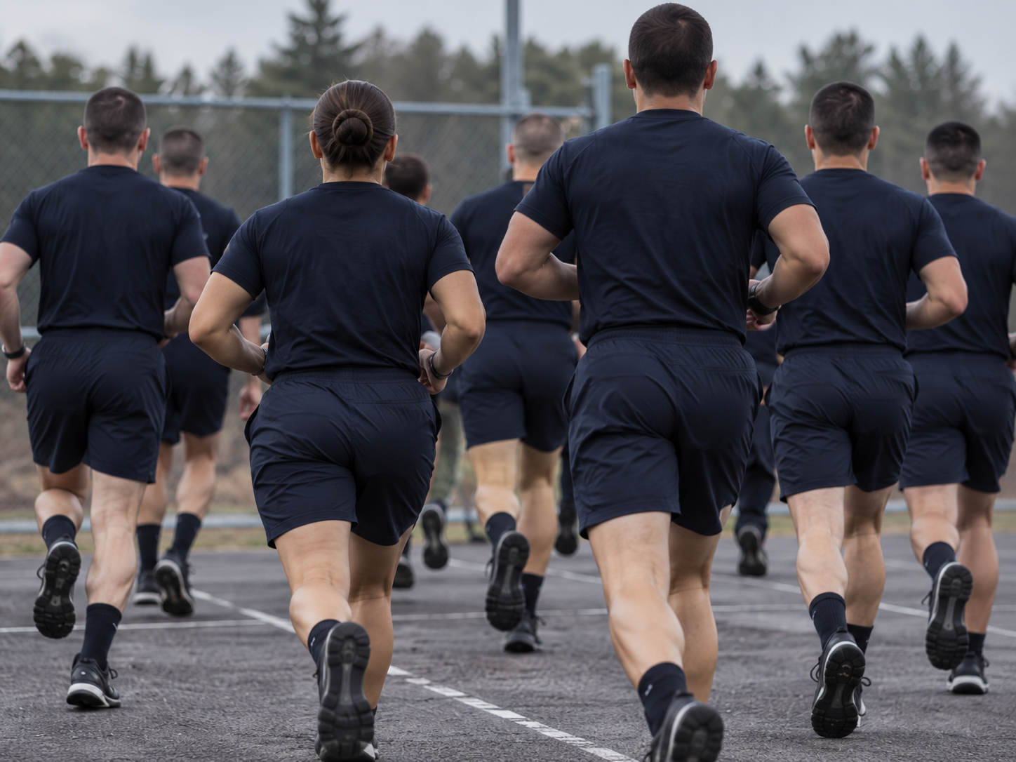 A group of people running outdoors on a track, wearing matching navy athletic attire.