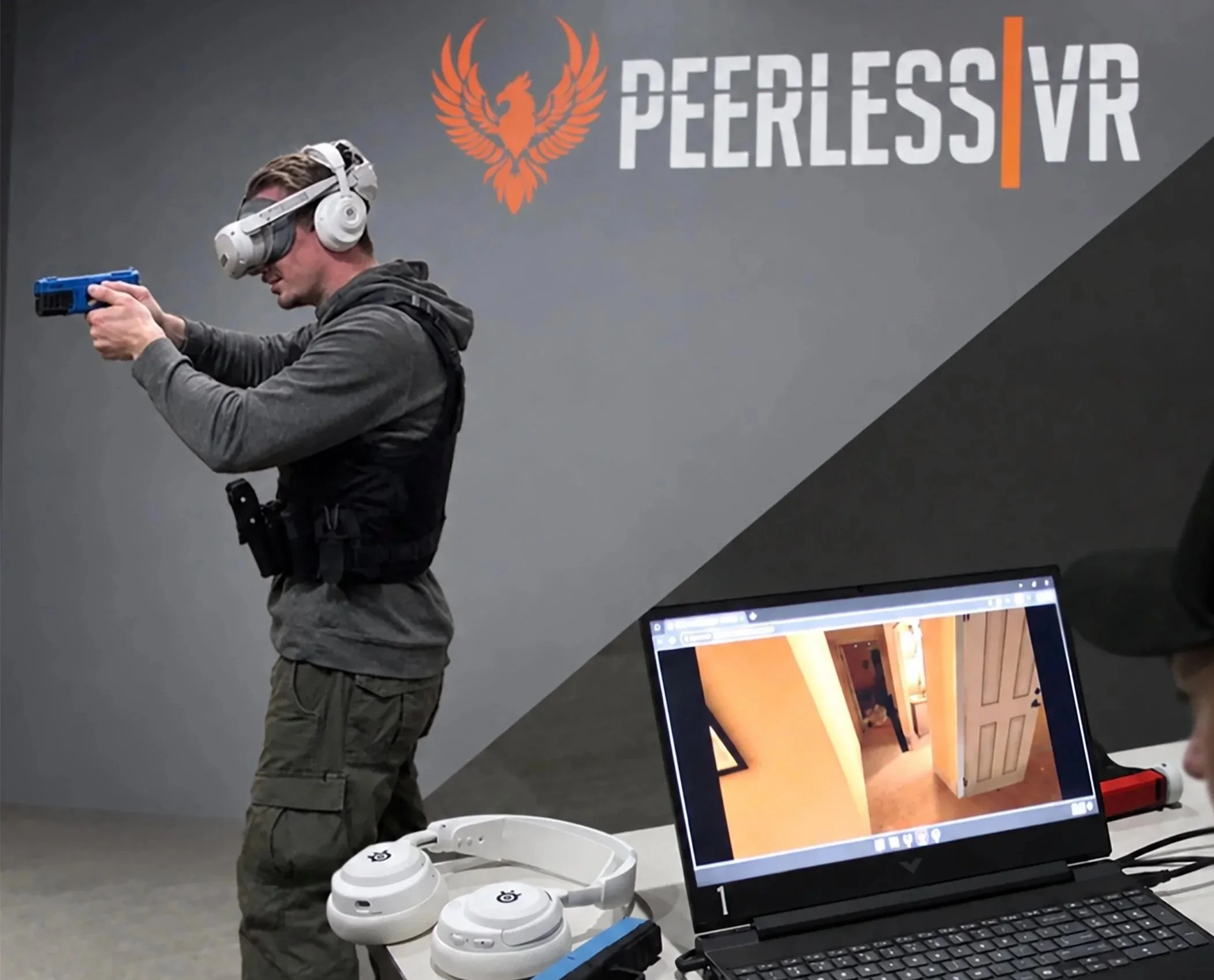 A person wearing a virtual reality headset and holding a blue gun-shaped controller, standing in front of a screen displaying an interior woodworking project. The background features a large logo and text reading 'PERFESS VR' on a gray wall.