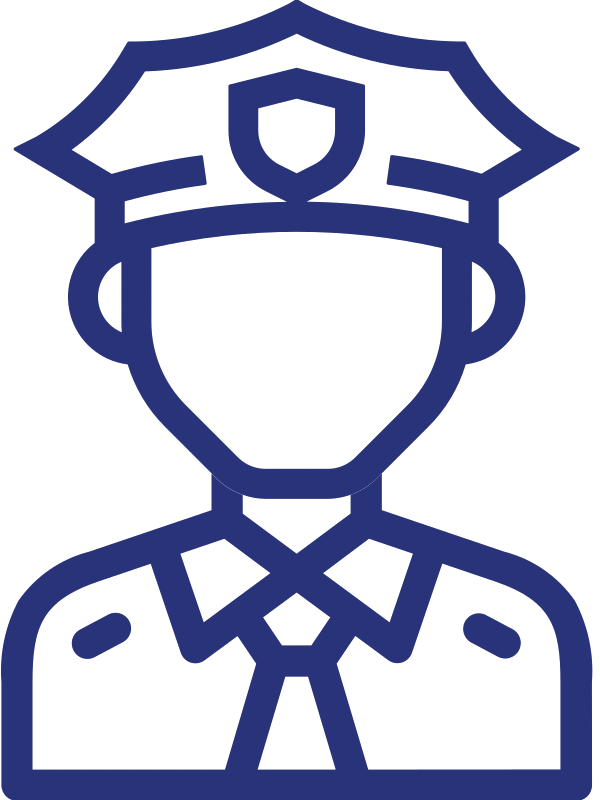 Line drawing of police officer in uniform with police hat and badge.