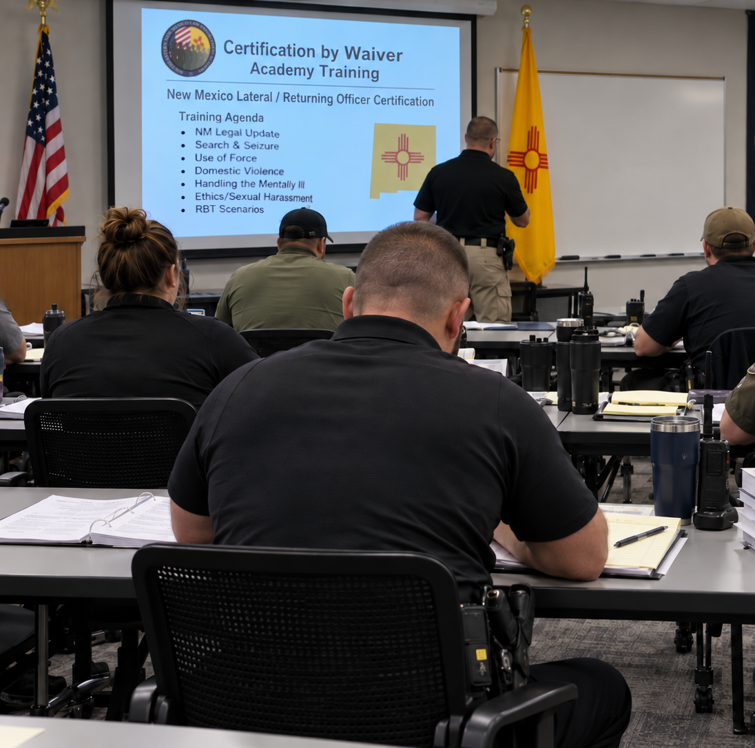 A classroom scene with law enforcement officers attending a training session on certification by waiver for New Mexico lateral and returning officers. The instructor stands at the front near a projection screen displaying the training agenda, with American and New Mexico flags nearby.