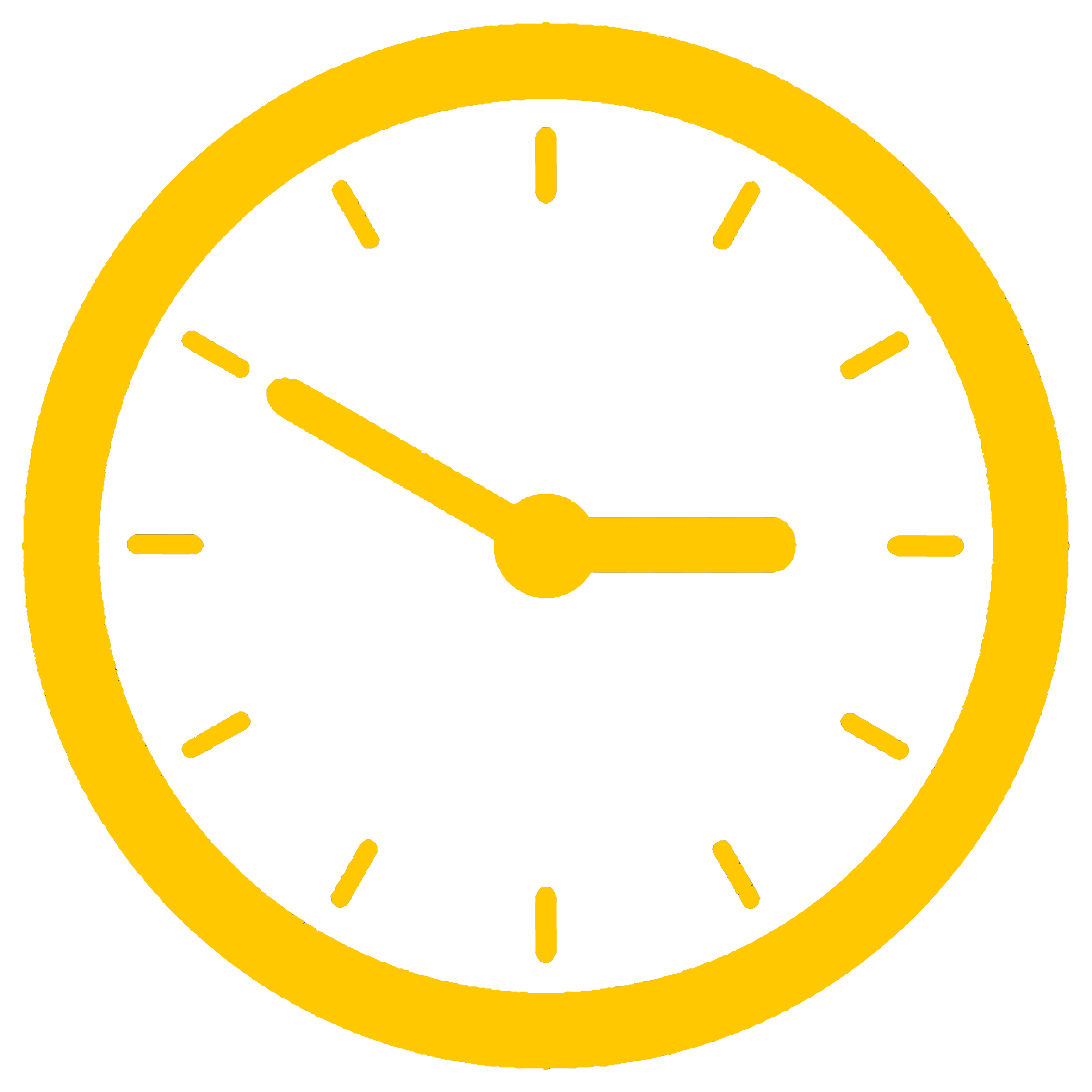Yellow and black outline of a clock within a yellow circle, with a yellow figure of a person and a yellow speech bubble.