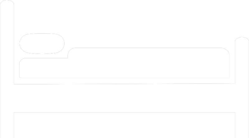 A simple black and white illustration of a person sleeping in a bed, lying on their side with a pillow.