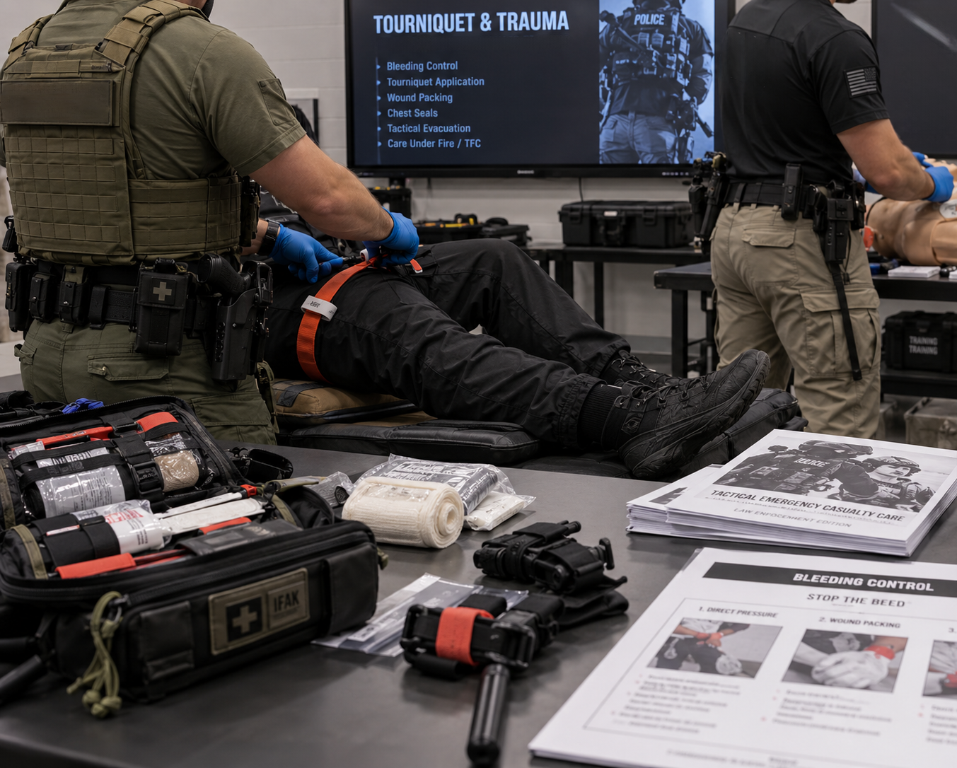 Two law enforcement officers in tactical gear practicing trauma and tourniquet application on a person lying on a medical training dummy in a classroom. A large screen in the background displays a presentation on tourniquet and trauma care, with supplies and training manuals on the table in the foreground.