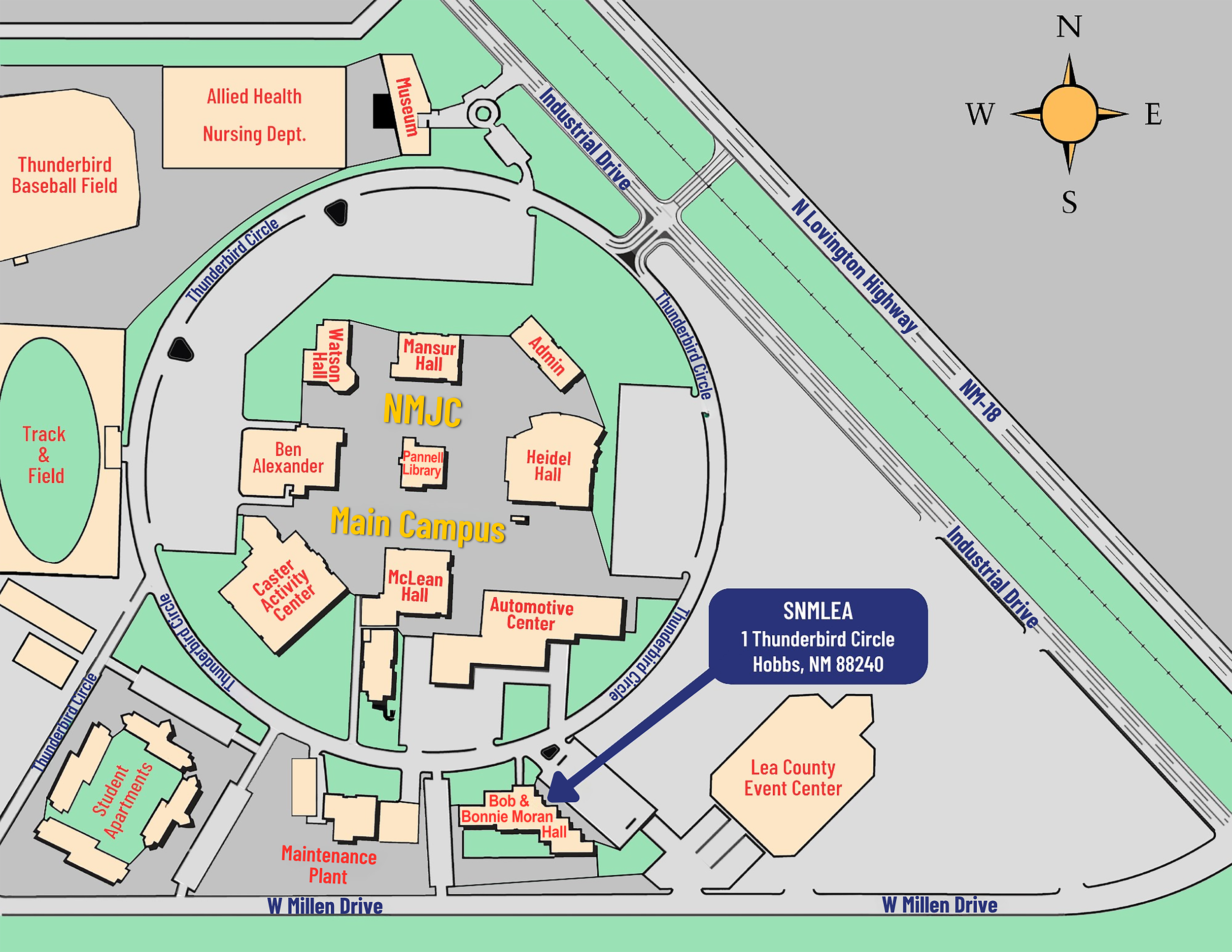 Map of New Mexico Junior College campus; indicating Bob and Bonnie Moran Hall, which houses the SNMLEA facilities.