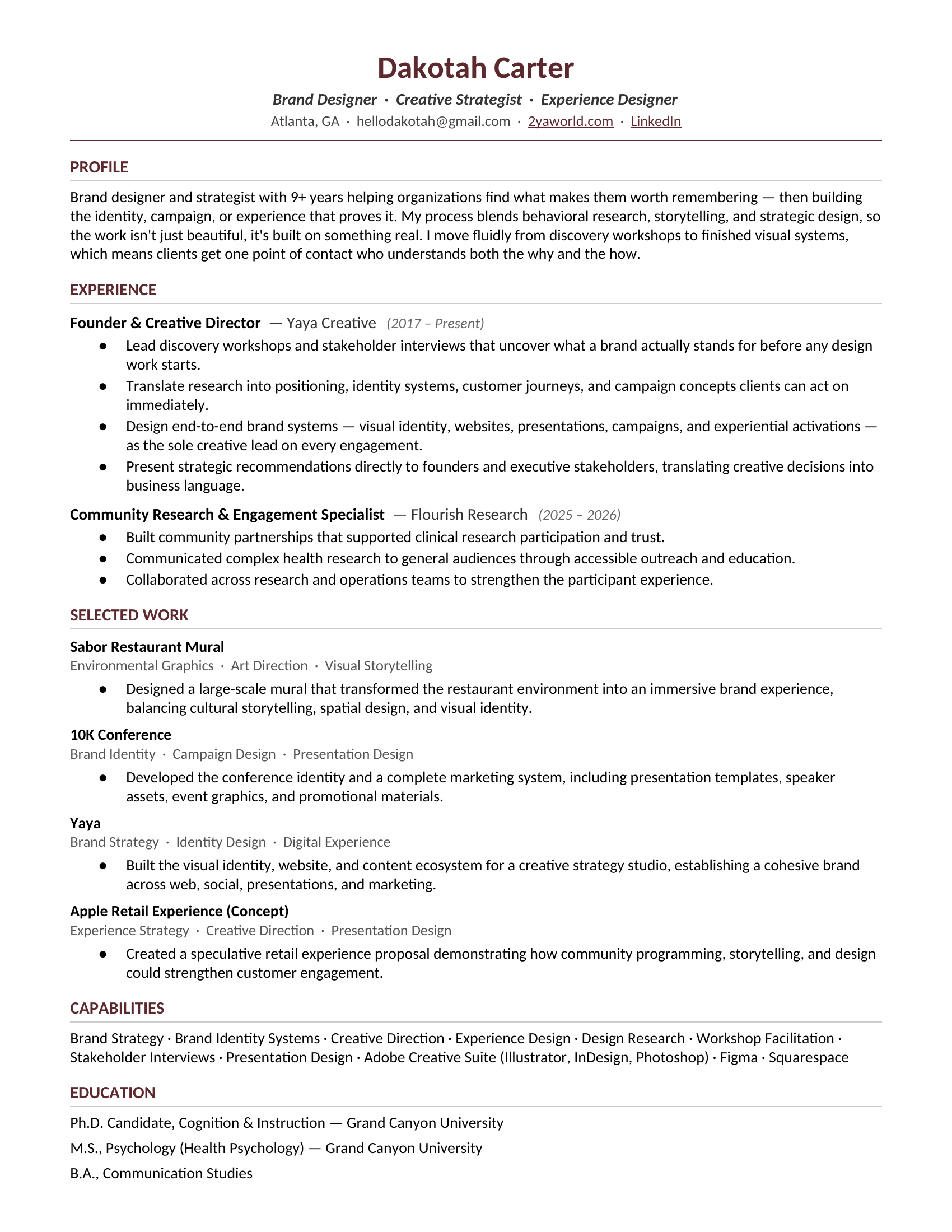 A resume or CV showing personal information, work experience, projects, skills, education, and contact details for Dakotah Carter, a brand designer and strategist in Atlanta, Georgia.