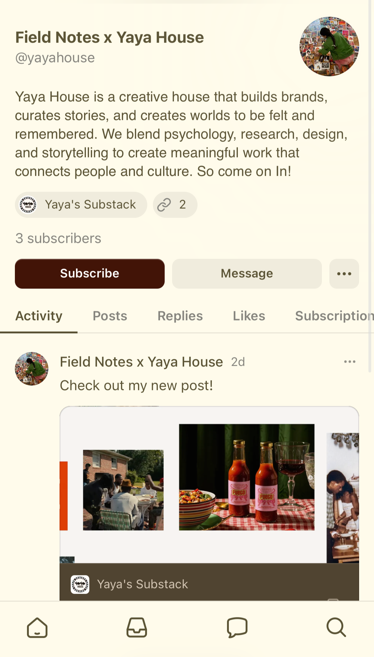 Screenshot of a social media profile page for Field Notes x Yaya House, showing a profile picture of a person browsing through images, a description of Yaya House as a creative house blending psychology, research, design, and storytelling, and a feed with photos of outdoor gatherings, food, and drinks.
