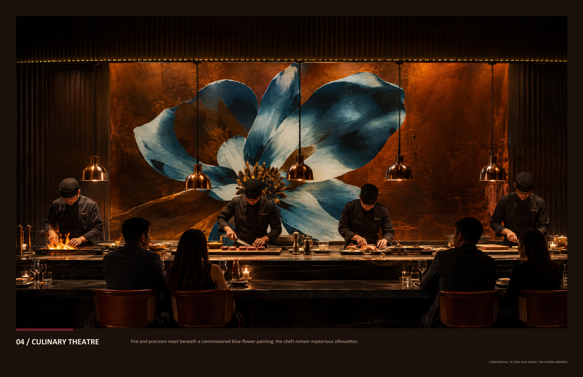 Chefs cooking in a dimly lit restaurant kitchen with a large blue flower painting in the background.