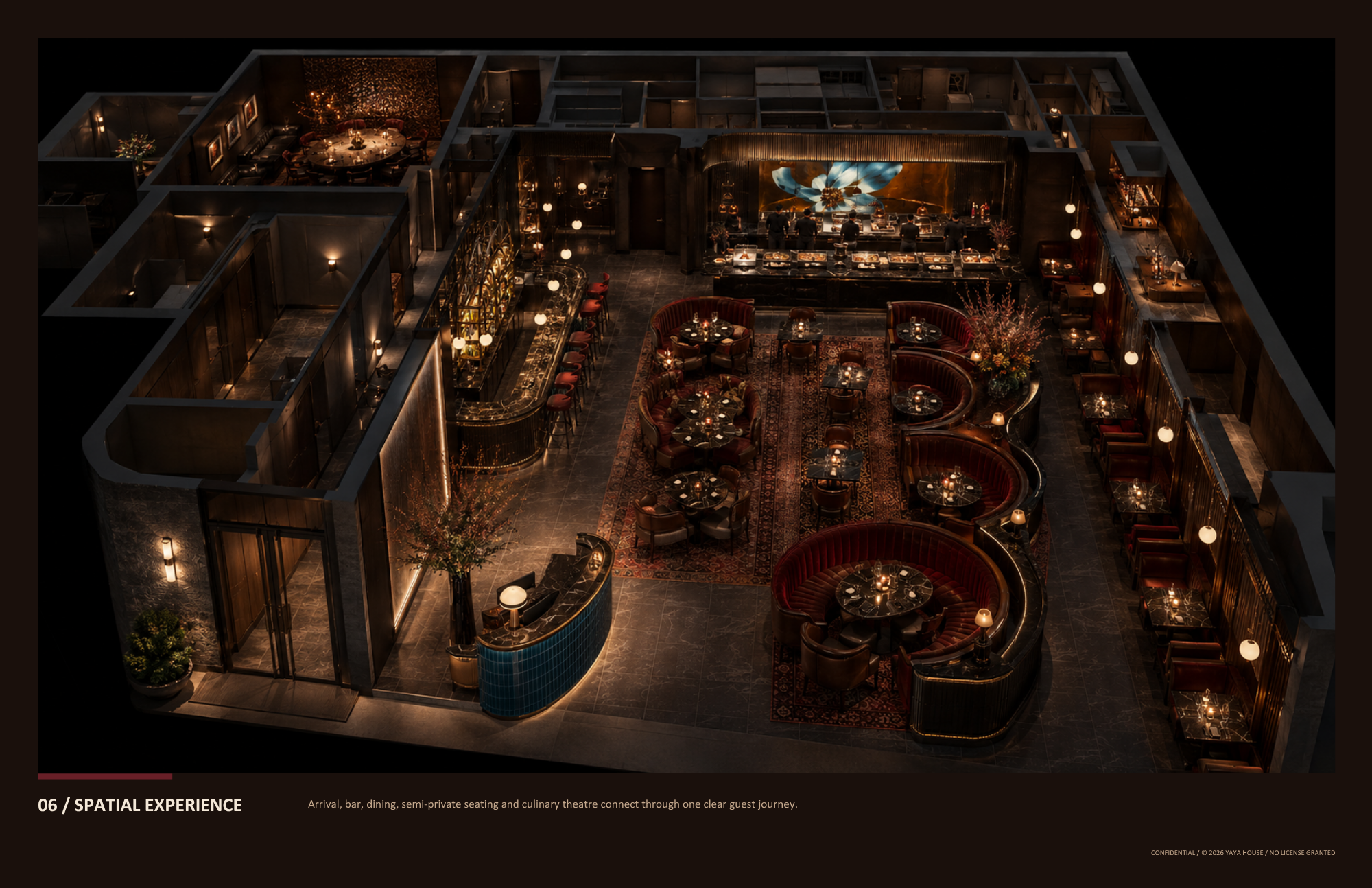Aerial view of a luxurious restaurant interior with a bar, multiple dining tables, semi-private seating areas, and a culinary theater with chefs preparing food. The space is decorated with warm lighting, dark wood finishes, and elegant decor.