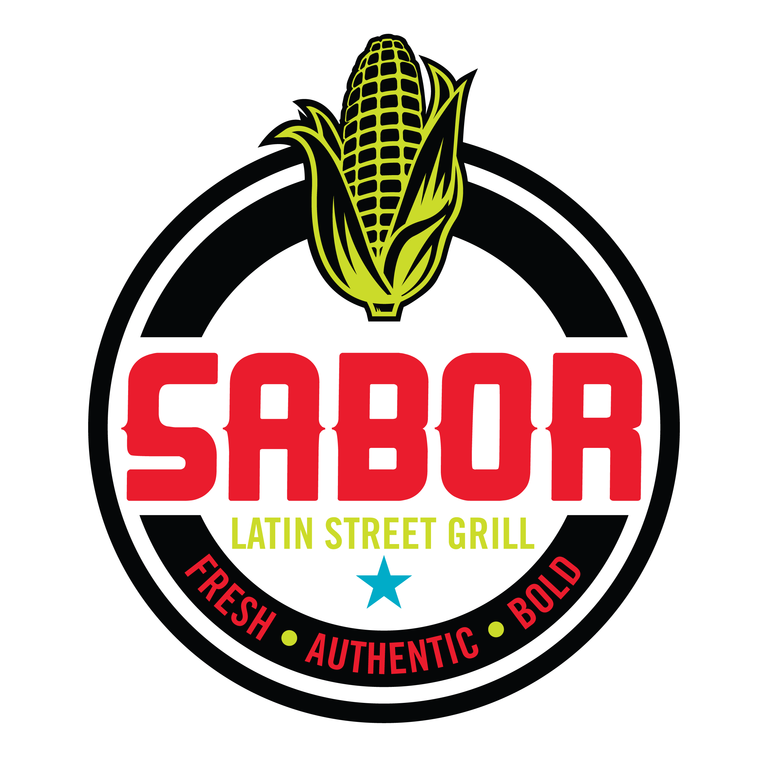 Logo of a Latin street grill restaurant featuring a stylized yellow corn cob with green leaves and black outline, surrounded by a circular black border with red and white text.