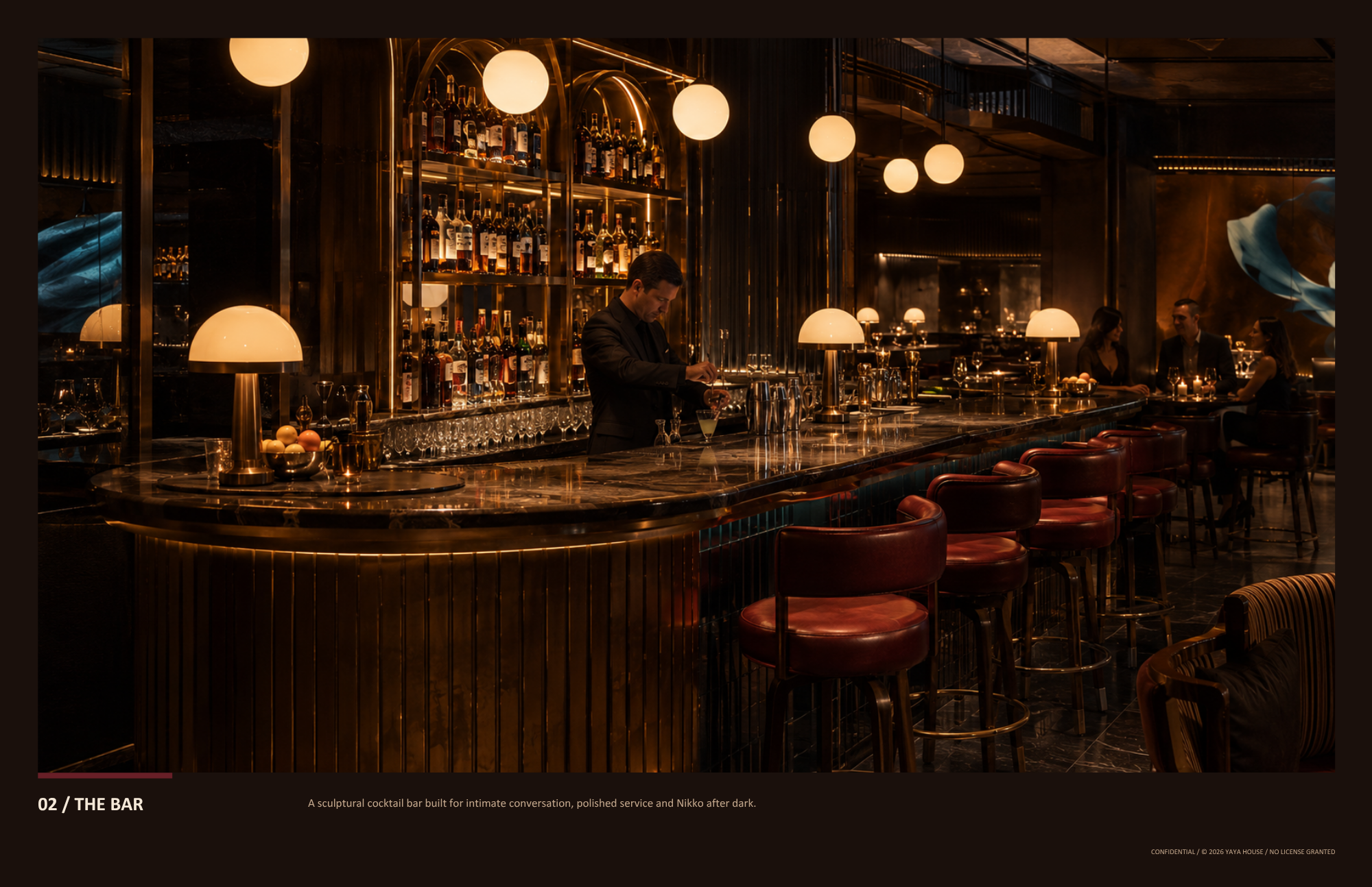 A dark, luxurious bar with warm lighting and a marble countertop. Shelves behind the bar display numerous bottles of liquor, and a bartender is preparing a drink. Several patrons are sitting and standing nearby, enjoying conversations. The decor incl