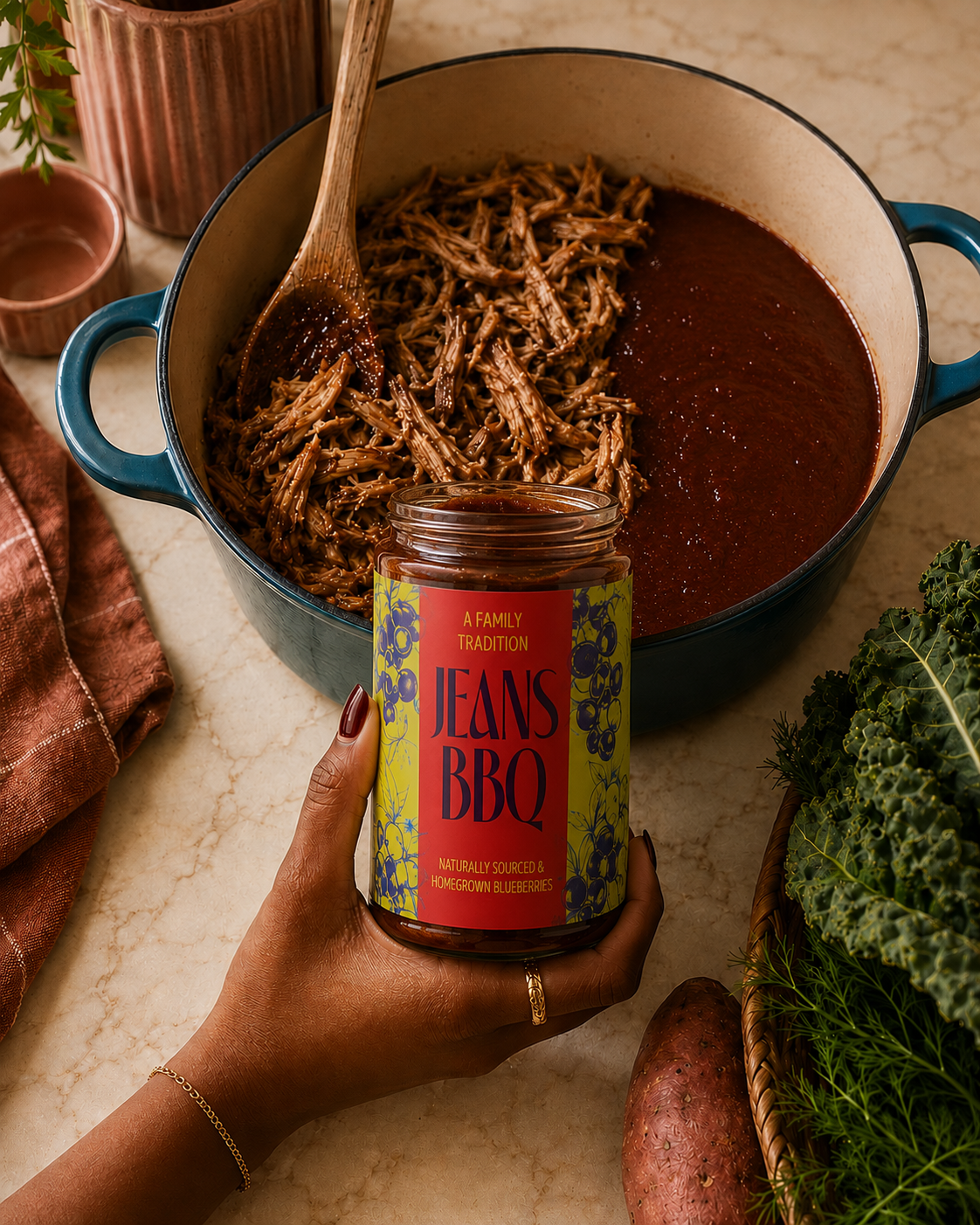 A person holding a jar of Jeans BBQ sauce, which is labeled as naturally sourced and made from homegrown blueberries, near a pot of shredded meat in sauce and a bowl of red sauce, with vegetables and a cloth on the countertop.