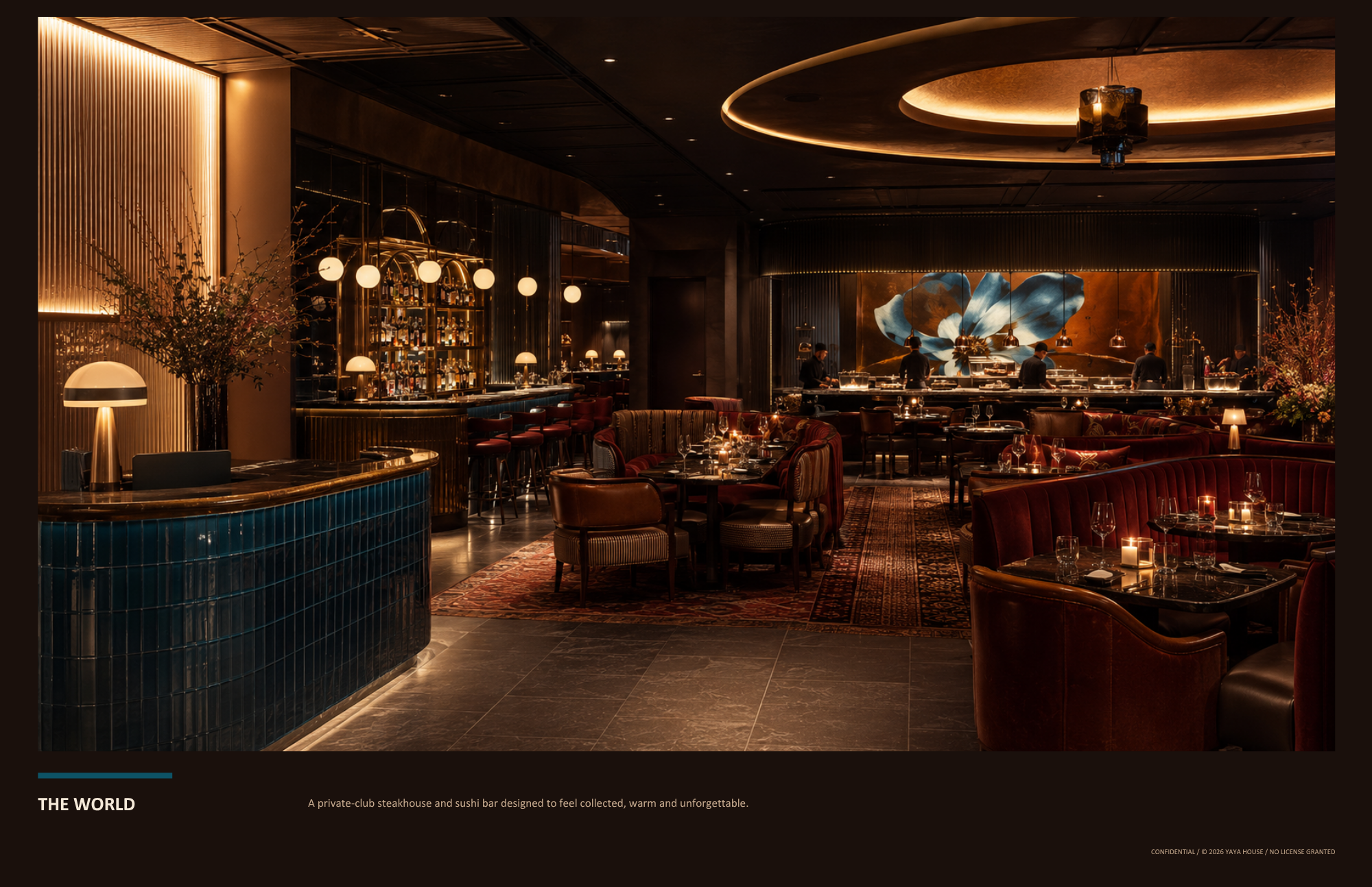 Interior of a luxury private club restaurant with dim lighting, plush red and brown seating, a bar with bottles and globe-shaped lights, and a sushi bar with chefs preparing food, all illuminated by warm ambient lighting.