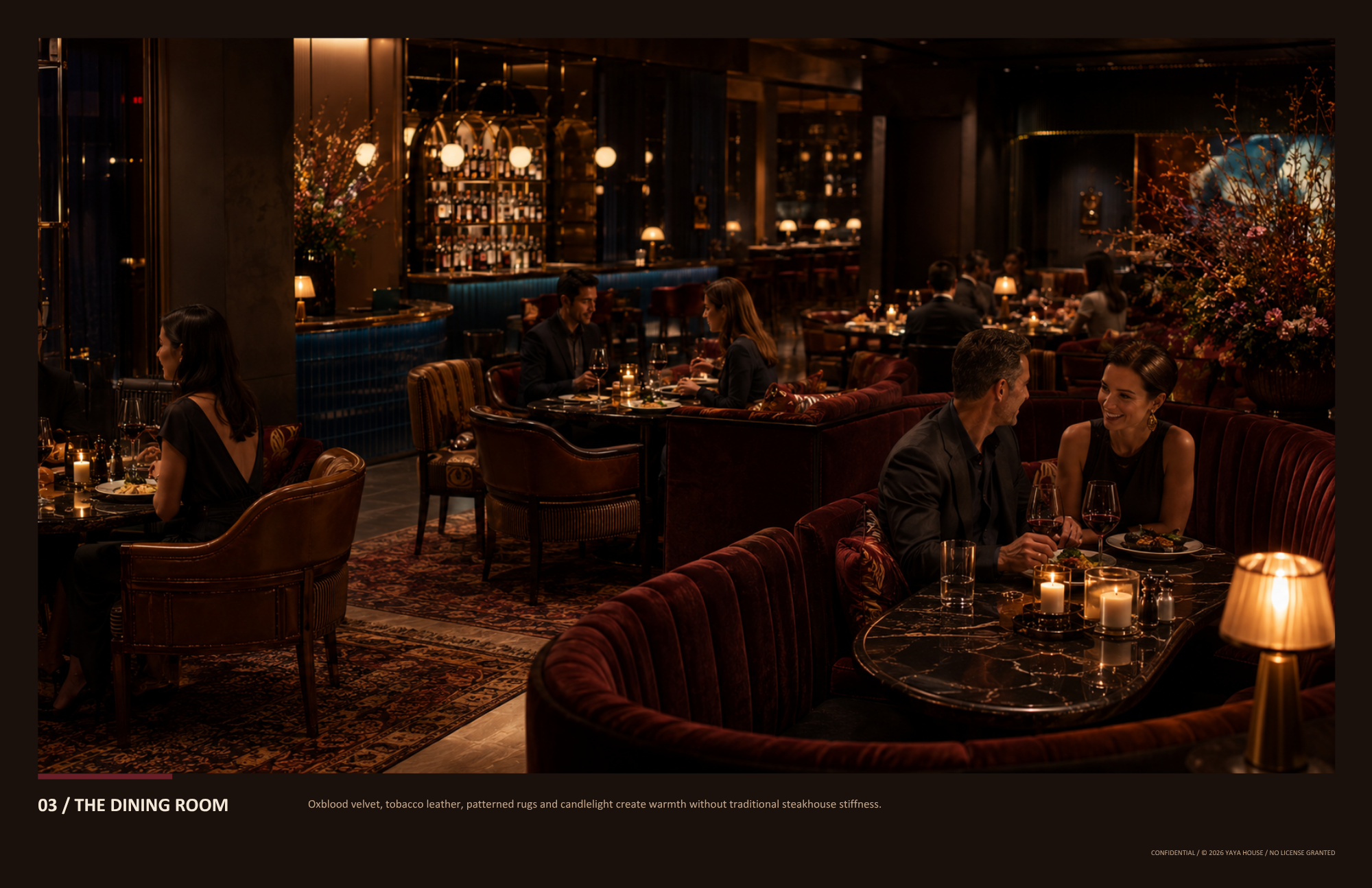 A romantic dinner scene in a luxurious, dimly lit restaurant with dark furniture, patterned rugs, and candlelit tables. Couples are engaged in conversation, and elegant floral arrangements decorate the space.