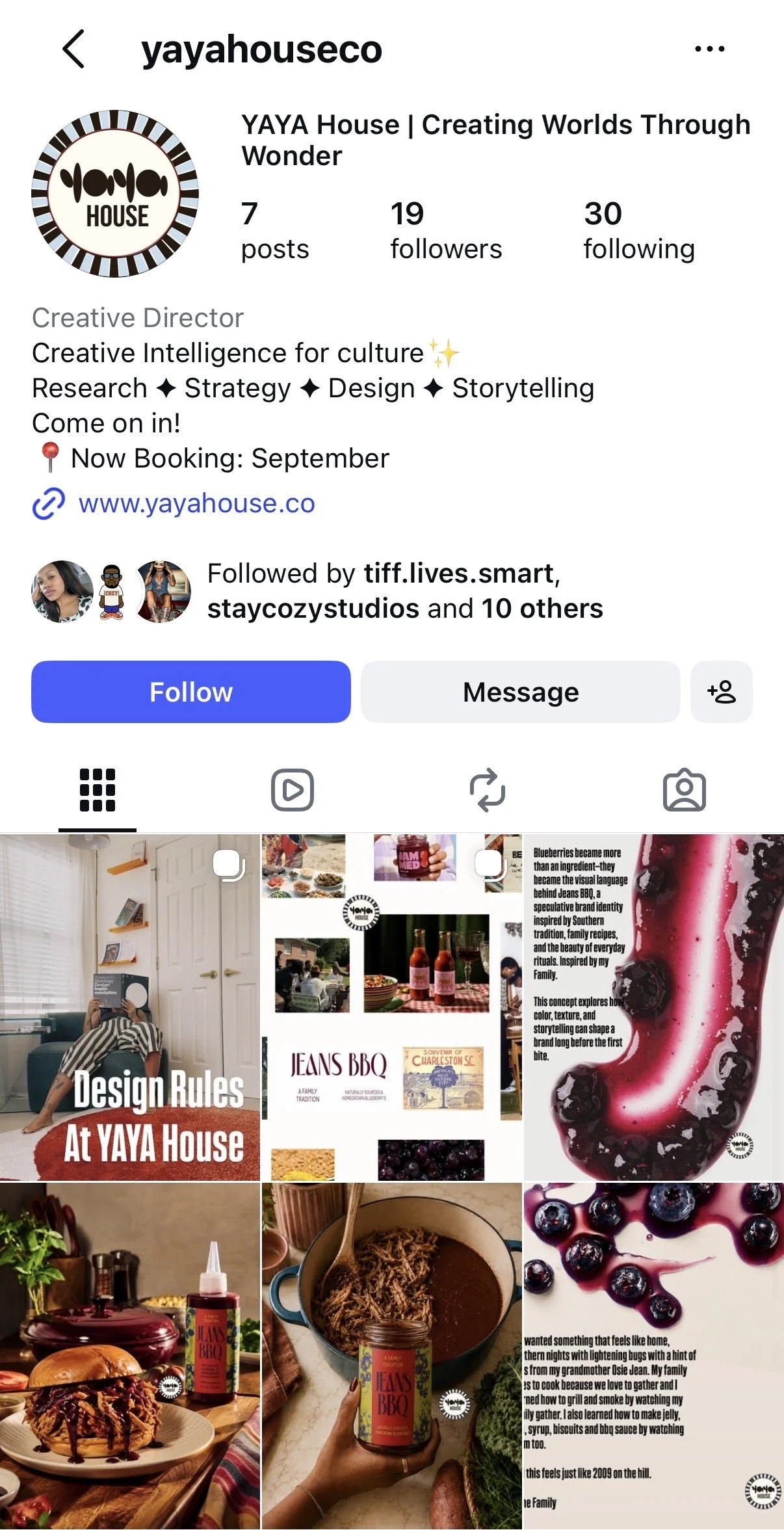 Instagram profile page for YAYA House with a logo, brief description, and a collage of images showing food, family, and decor.