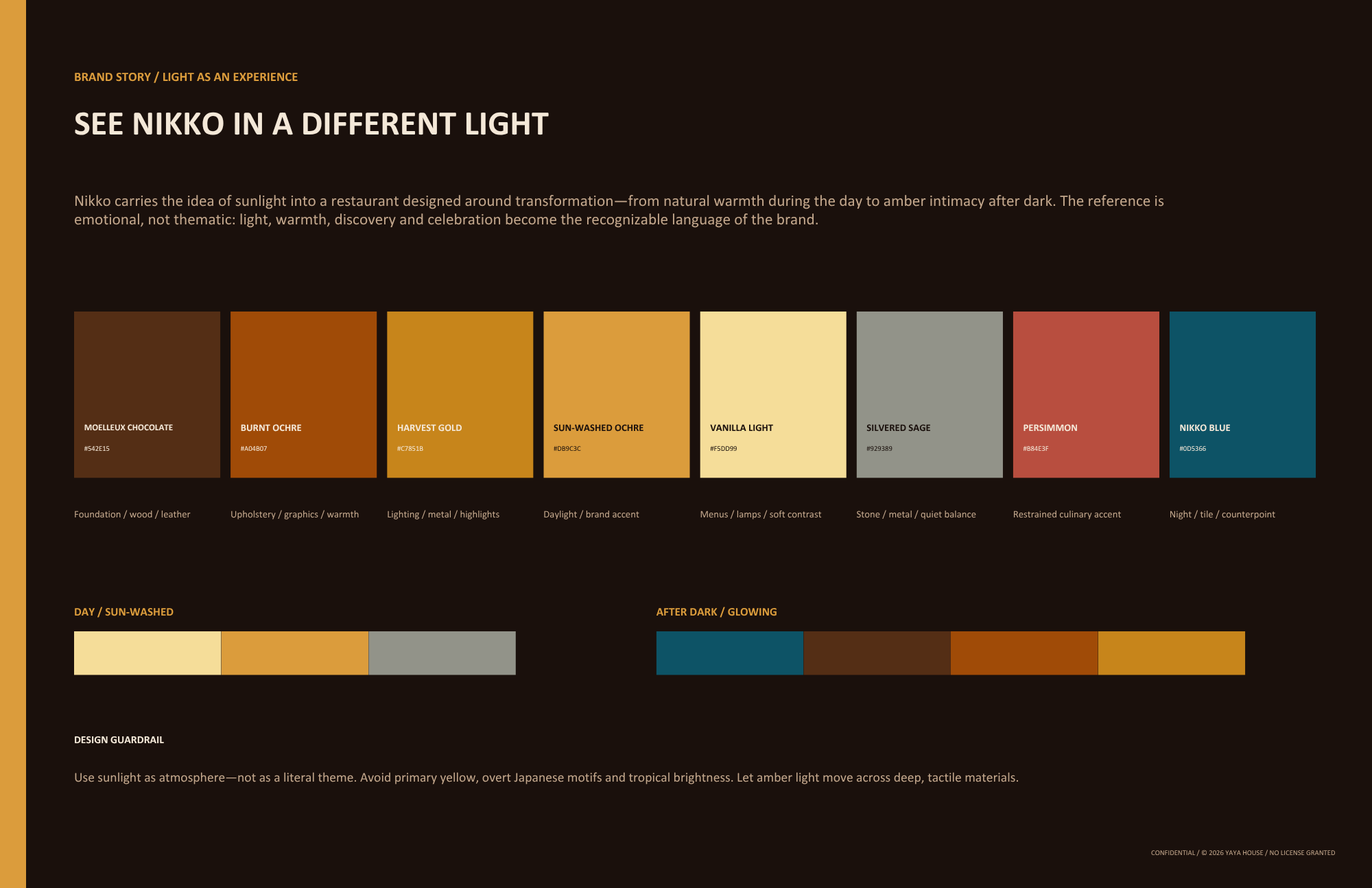 An infographic about the Nikko brand's color palette and design principles, showcasing color swatches with names and hex codes, organized by themes such as natural warmth, highlights, soft contrast, and counterpoint, with descriptions of their use in