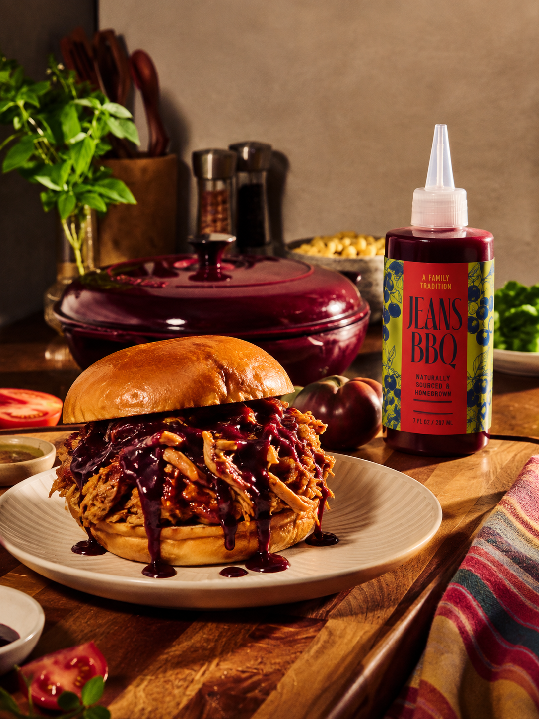 Pulled pork sandwich with barbecue sauce on a bun on a white plate, set on a wooden table with tomato slices and small bowls of green sauce. In the background, there is a bottle of Jean's BBQ sauce, a red casserole dish, a pepper mill, fresh tomatoes, and a bowl of mac and cheese. The setting appears to be a kitchen or dining area with a potted plant and utensils.