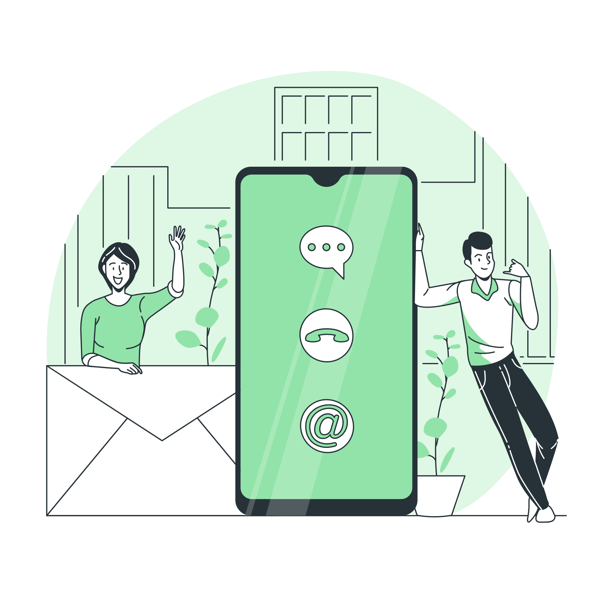 Illustration of a video call showing a woman and a man with speech and email icons, plants, and books in the background.