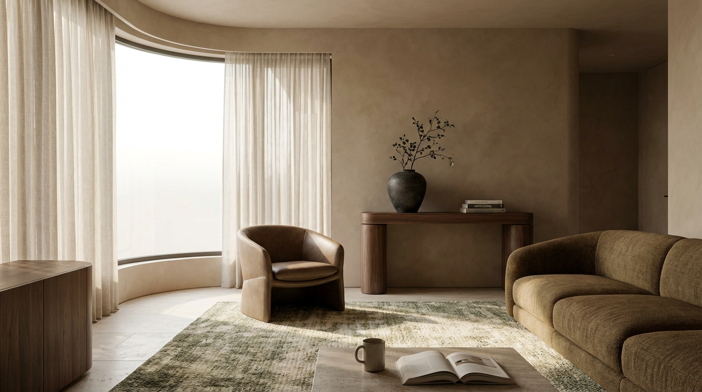 A well-lit living room with beige walls, a large window with sheer curtains, a beige sofa, a curved armchair, a wooden console table with a large vase and some books, a coffee table with an open magazine and a mug, and a textured area rug.