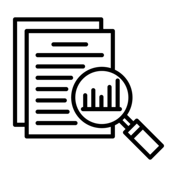 Stack of documents with a magnifying glass showing a bar chart.
