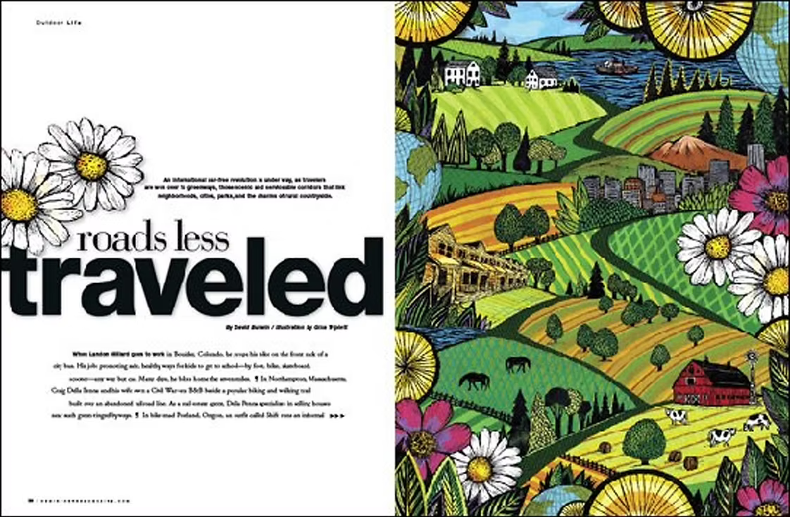 Magazine spread with the left page titled 'roads less traveled' and featuring daisies, and the right page showing a colorful, stylized landscape of hills, farmland, houses, a train, cows, and flowers.