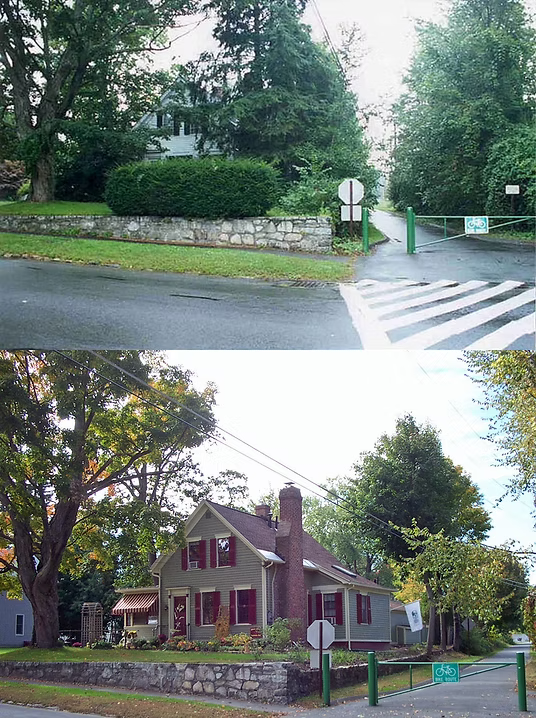 Split image showing the entrance to a neighborhood. The top half features a street corner with a stone wall, a crosswalk, and greenery. The bottom half depicts a house with a chimney, surrounded by trees and grass.