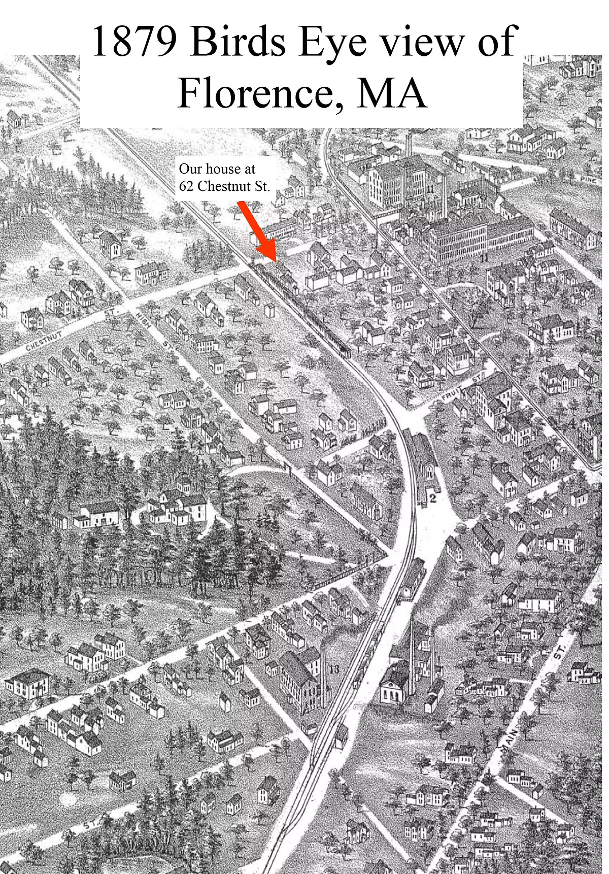 Historical map illustrating the Bird's Eye view of Florence, MA from 1879, with an arrow pointing to a house at 62 Chestnut Street. Streets, houses, trees, and railroad tracks are visible in black and white.