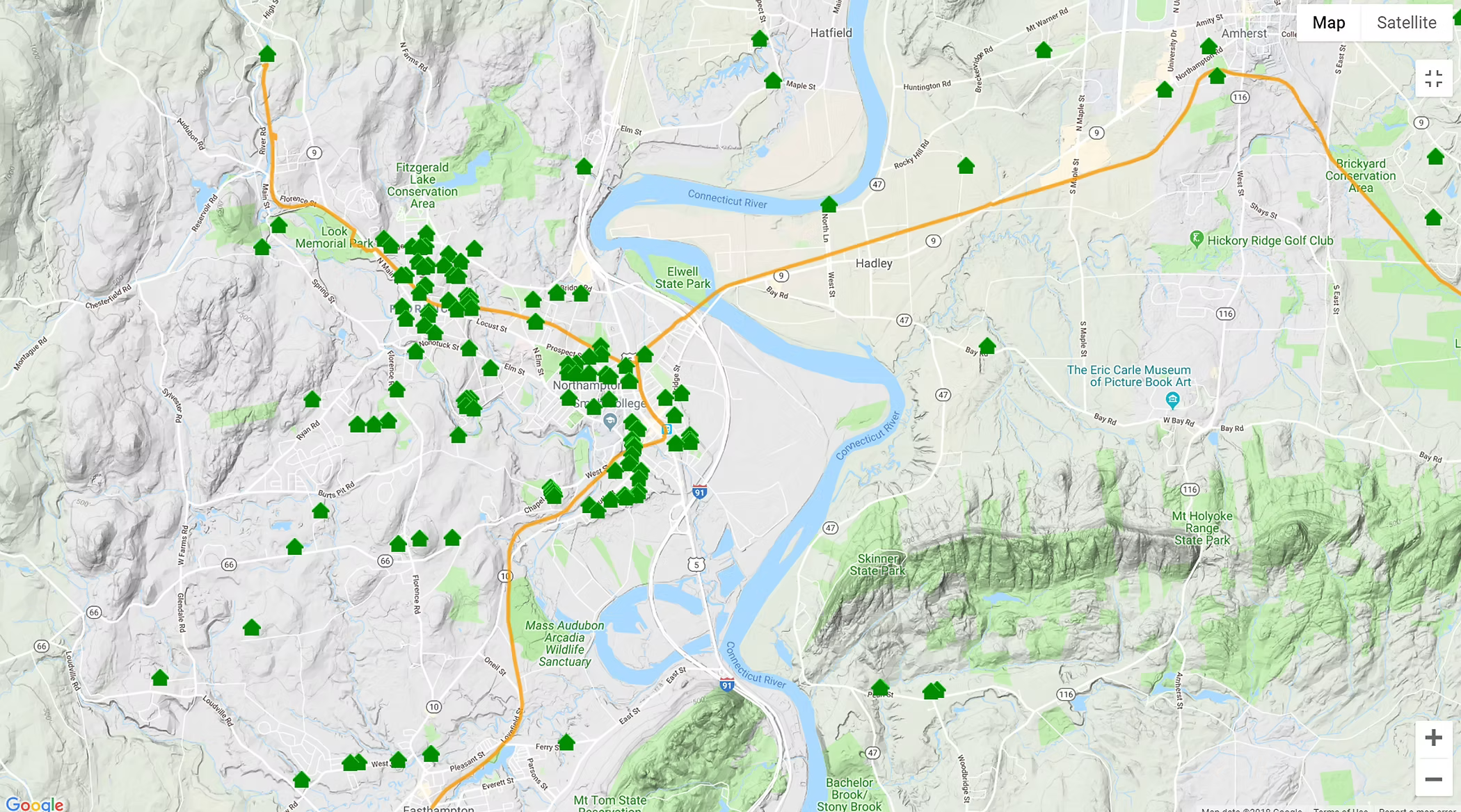 Map showing the city of Northampton, Massachusetts, with green house icons indicating various locations and parks, including FitzGerald Lake Conservation Area, Look Memorial Park, Elwell State Park, and others, along with the Connecticut River running through the area.