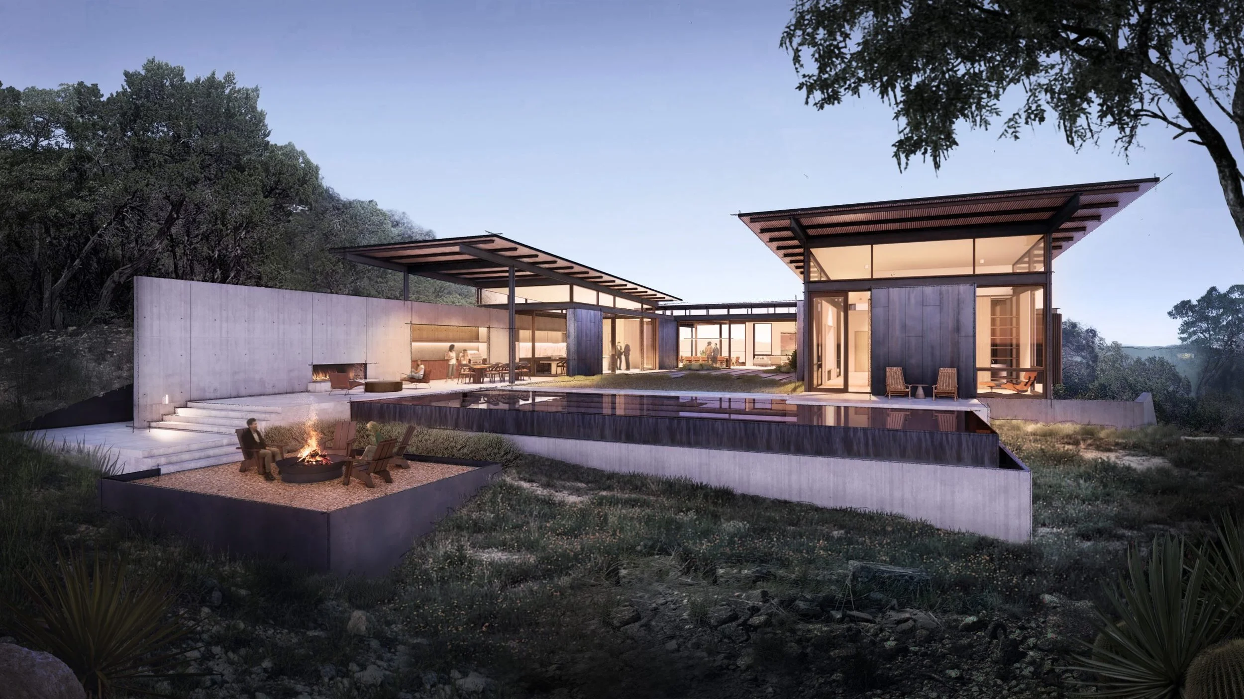Modern house with large glass windows, multiple levels, and outdoor living spaces amid trees, with furniture and outdoor firepit area.