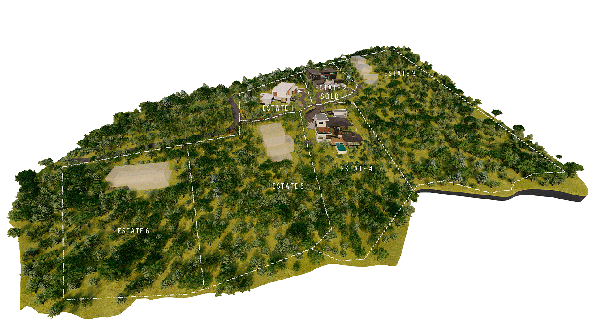 A detailed 3D map of a residential neighborhood divided into multiple estates, with labels such as Estate 1 through Estate 6, showing trees, roads, and several modern houses, with Estate 2 marked as sold.