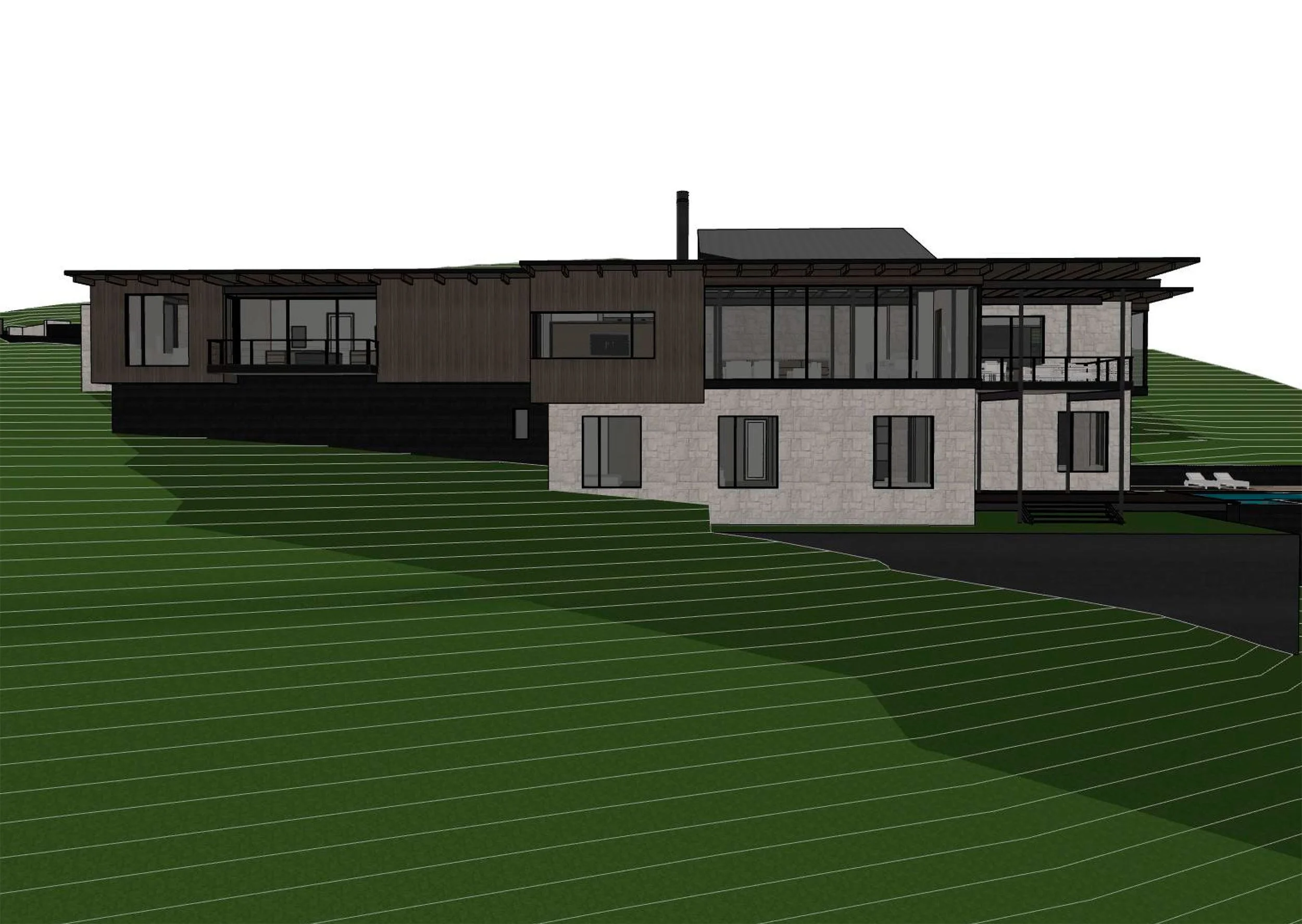A 3D-rendered architectural design of a modern house on a grassy hill, featuring large glass windows, a balcony, wooden and stone exterior finishes, and a sloped roof.