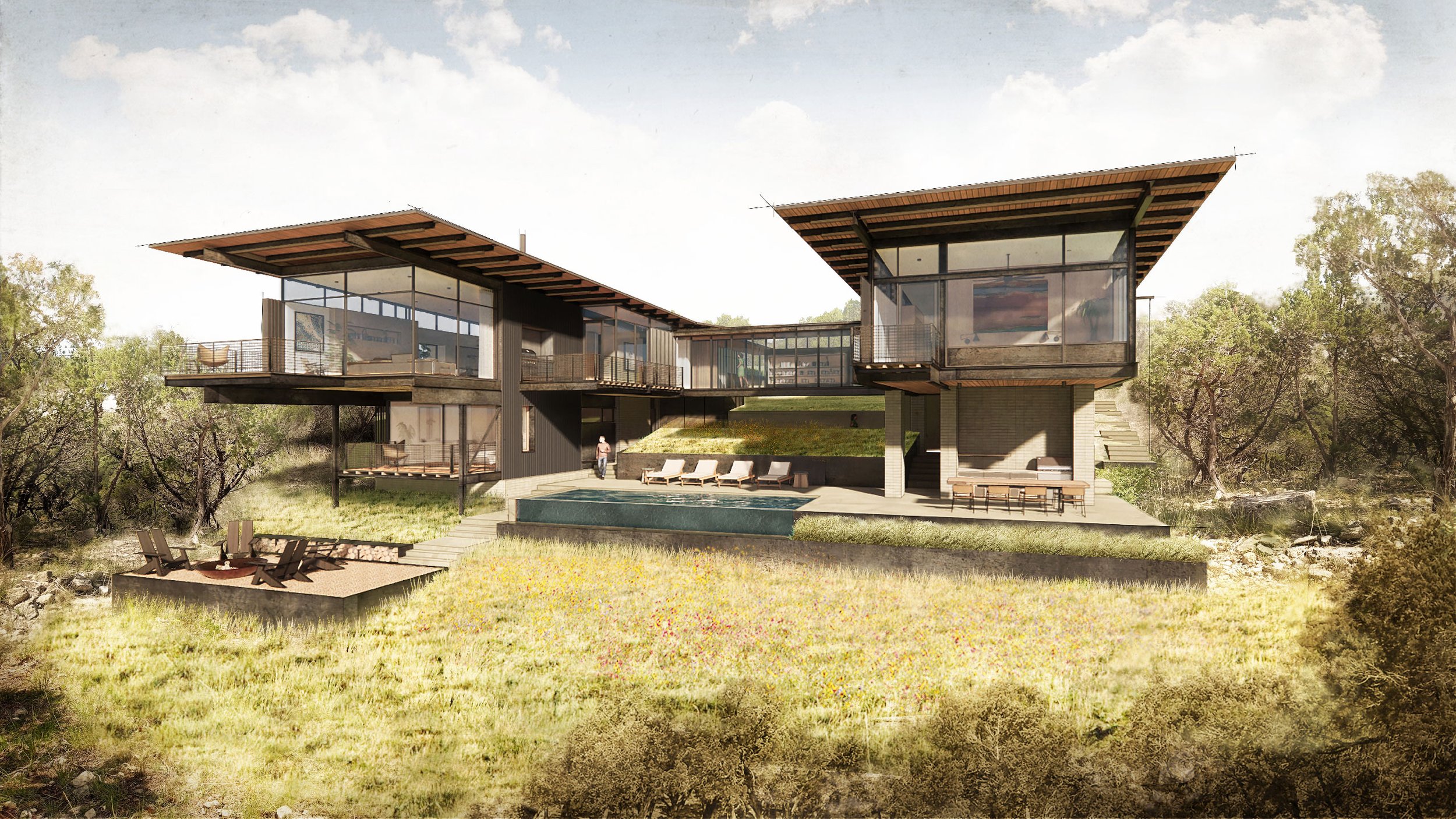 Modern house built on a hillside surrounded by trees and lush greenery, with large glass windows and stone exterior.