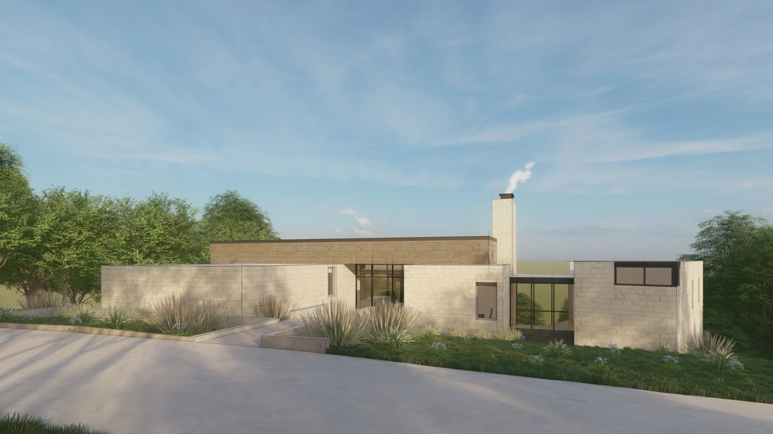 Modern single-story house with beige stone exterior, flat roof, large glass door, and windows, surrounded by desert plants and trees under a blue sky.
