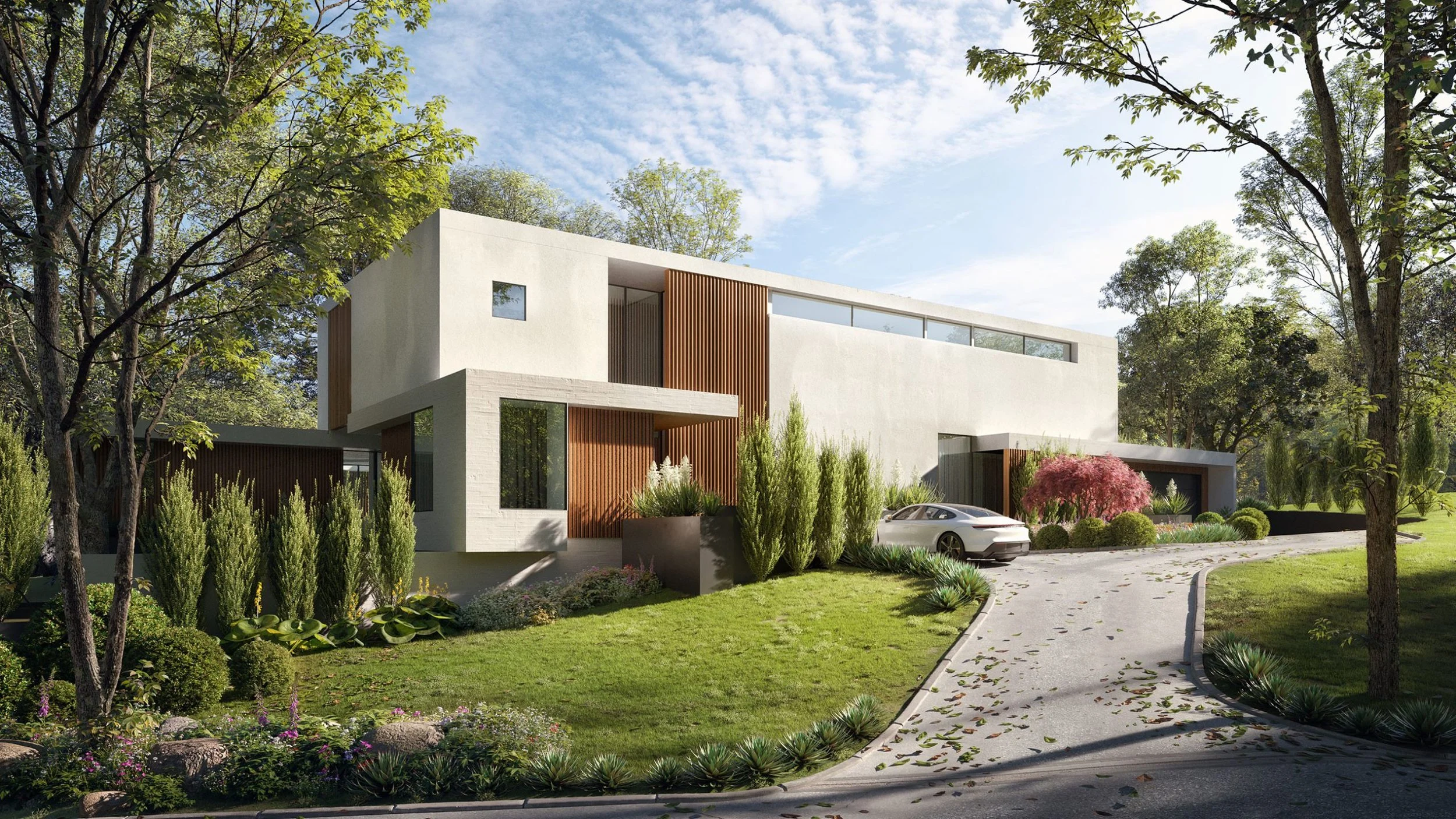 Modern two-story house with white and wood exterior, surrounded by landscaped garden with bushes and rocks, a driveway with a parked car, and a person walking a dog.