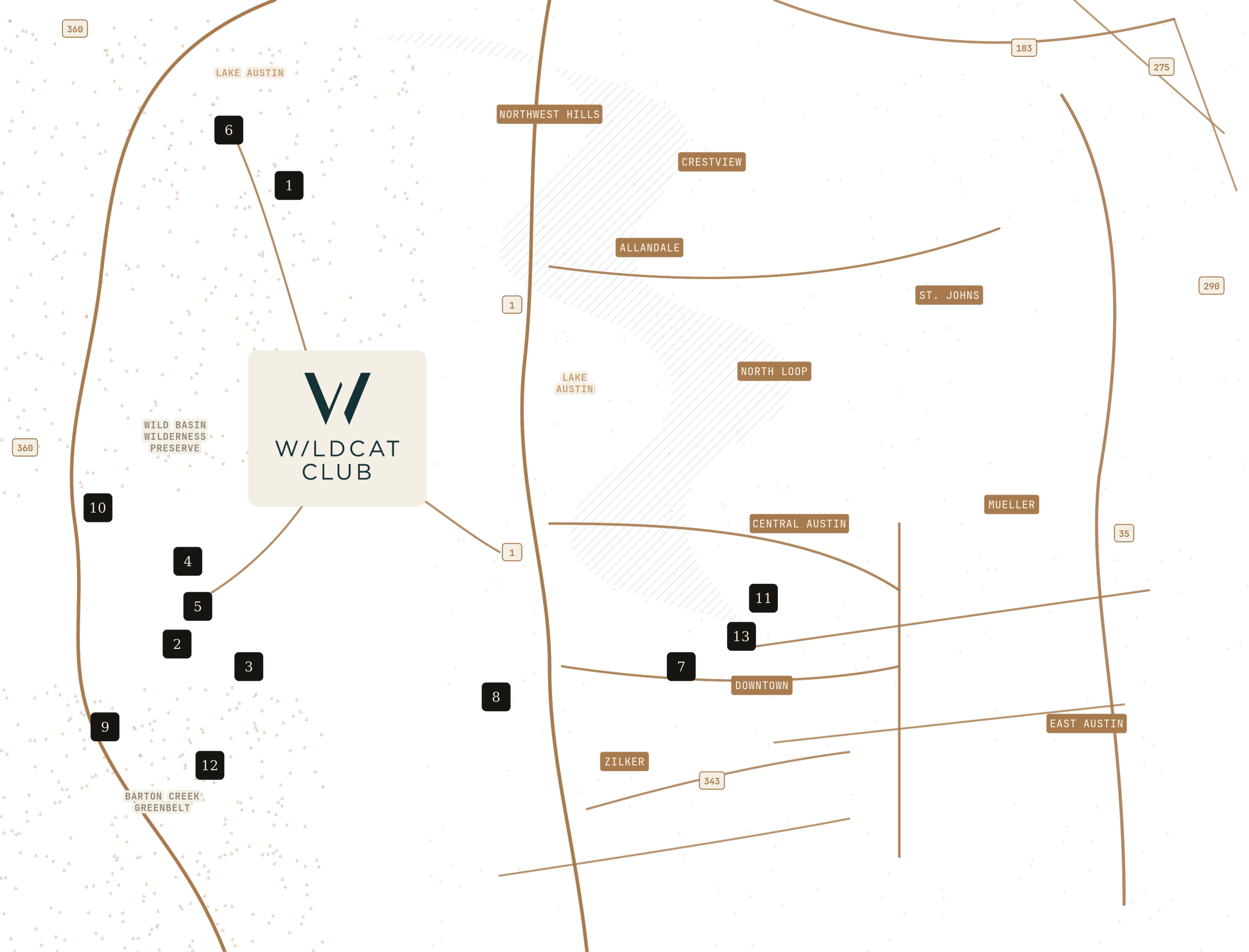 A digital map showing neighborhoods and streets in Austin, Texas, with labels such as 'Lake Austin,' 'Northwest Hills,' 'Crestview,' 'Allandale,' and 'Downtown,' along with various blue water bodies and roadways.