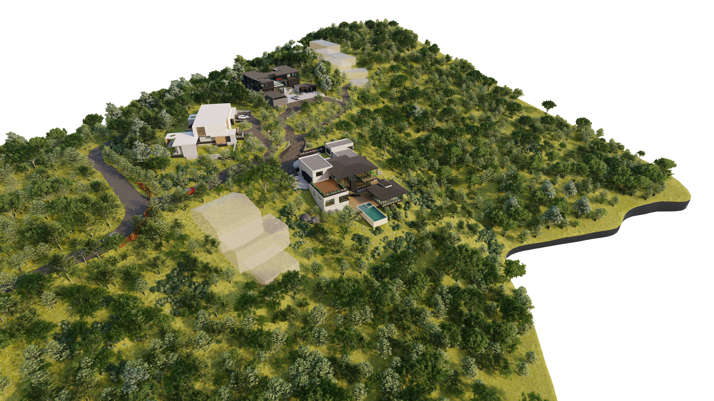 Aerial view of a modern residential property surrounded by trees and greenery, with multiple contemporary houses, a swimming pool, and a winding driveway.