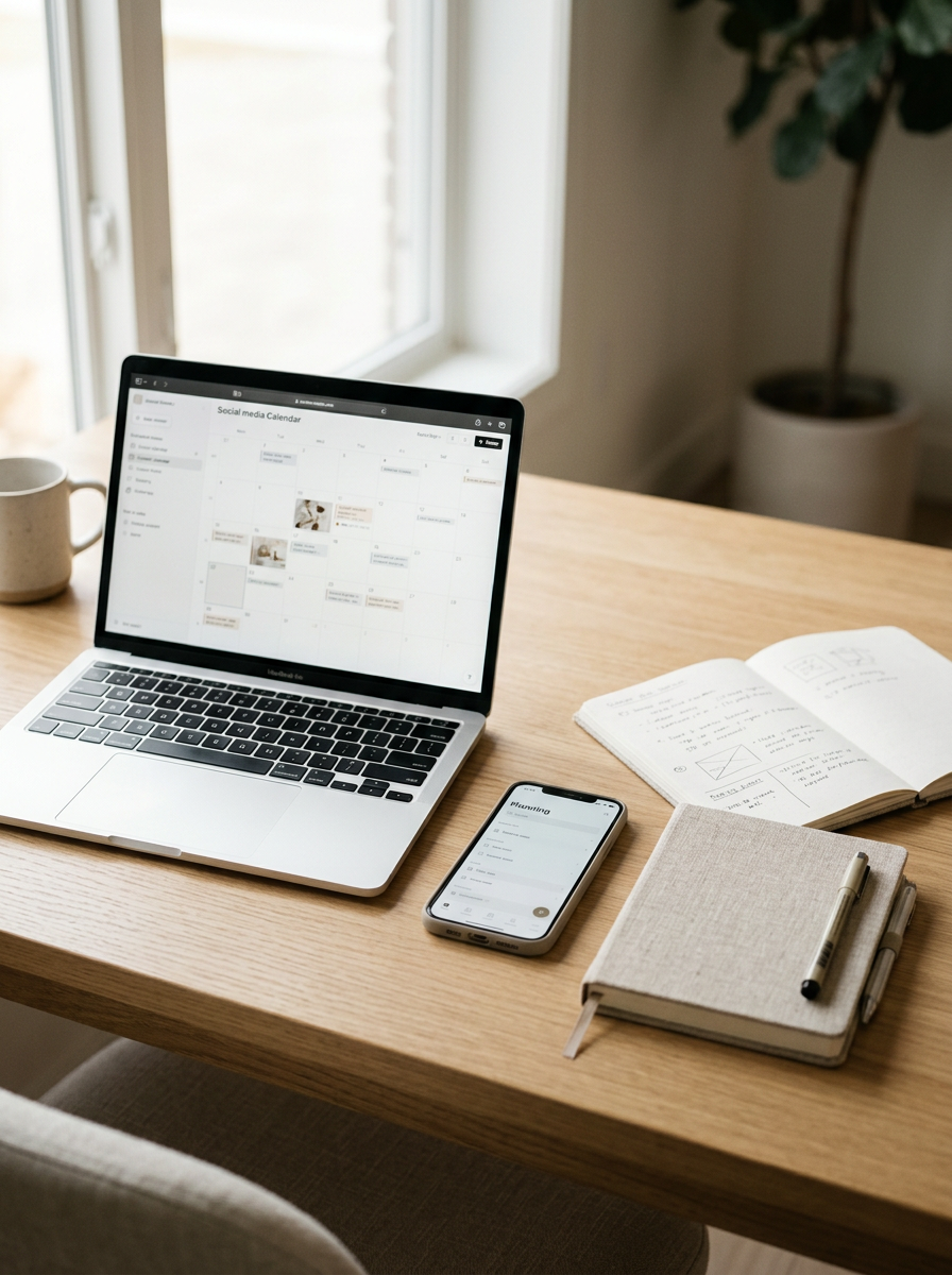 Wooden desk with a laptop, smartphone, open notebook, closed notebook, and pens, near a window with sunlight and a potted plant in the background.
