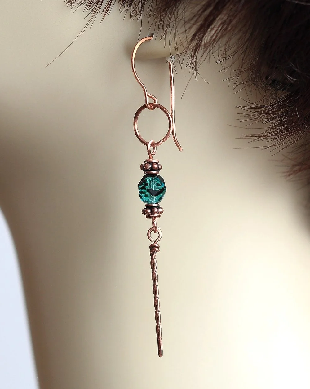 Boho Teal Czech Glass Copper Dangle Earrings
