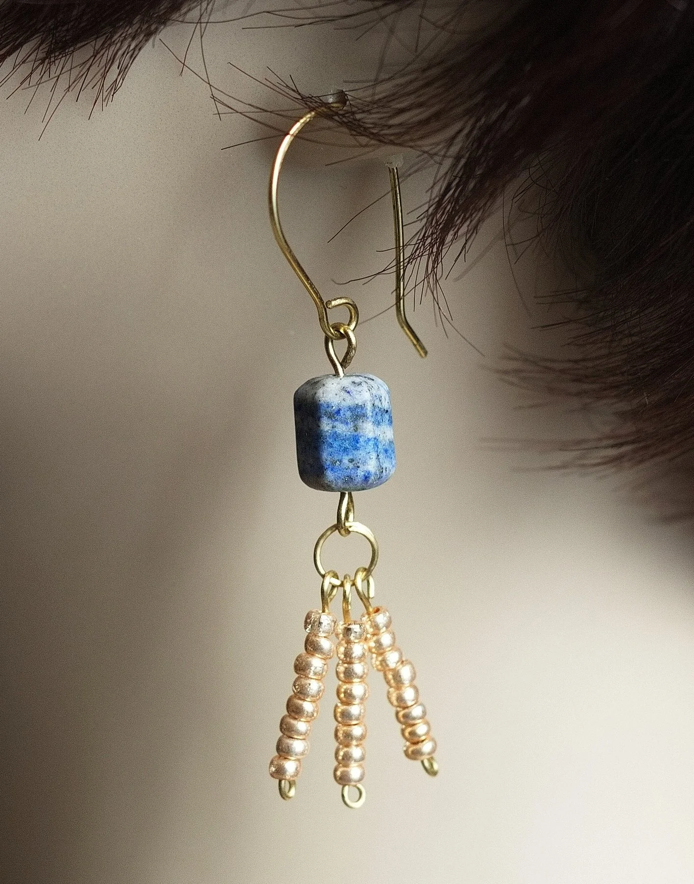Boho Lapis Lazuli Golden Seed Bead Dangle Earrings