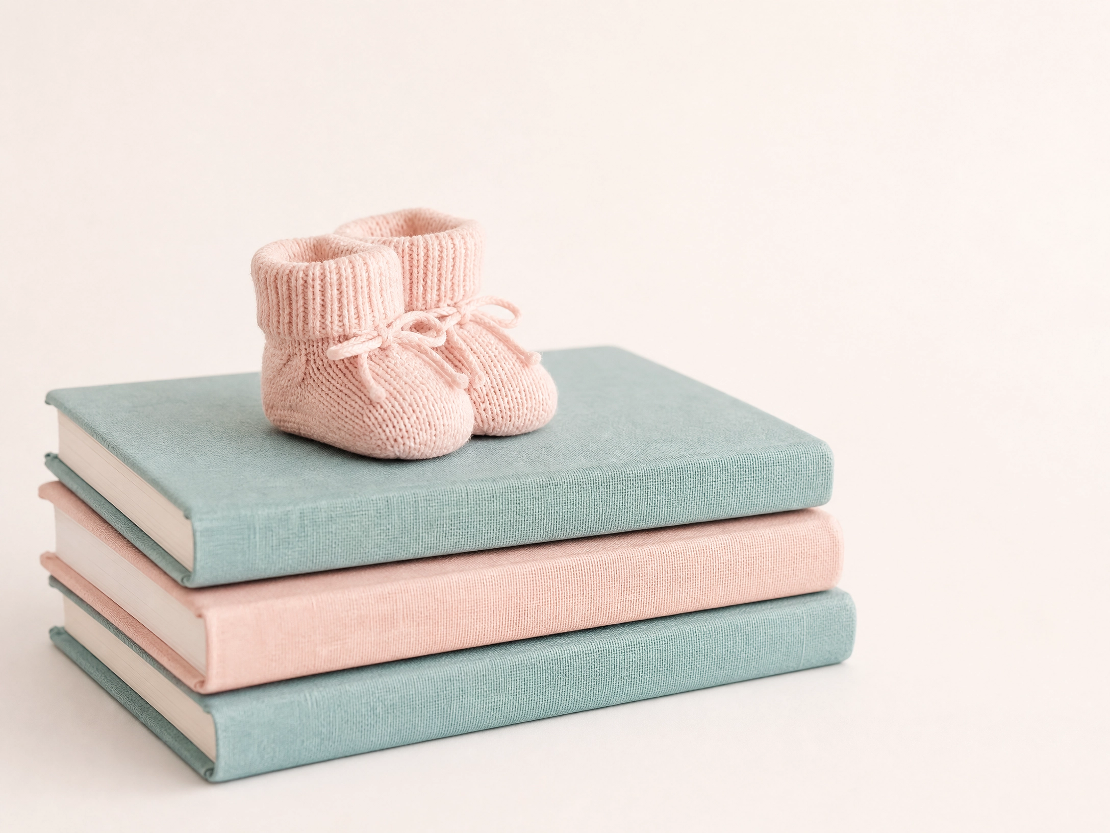 A minimalist stack of linen-bound journals in soft teal and blush pink with a pair of delicate knitted baby booties on top. Image used to show postpartum recovery guide, focusing on physical healing, emotional wellbeing, and practical baby care.