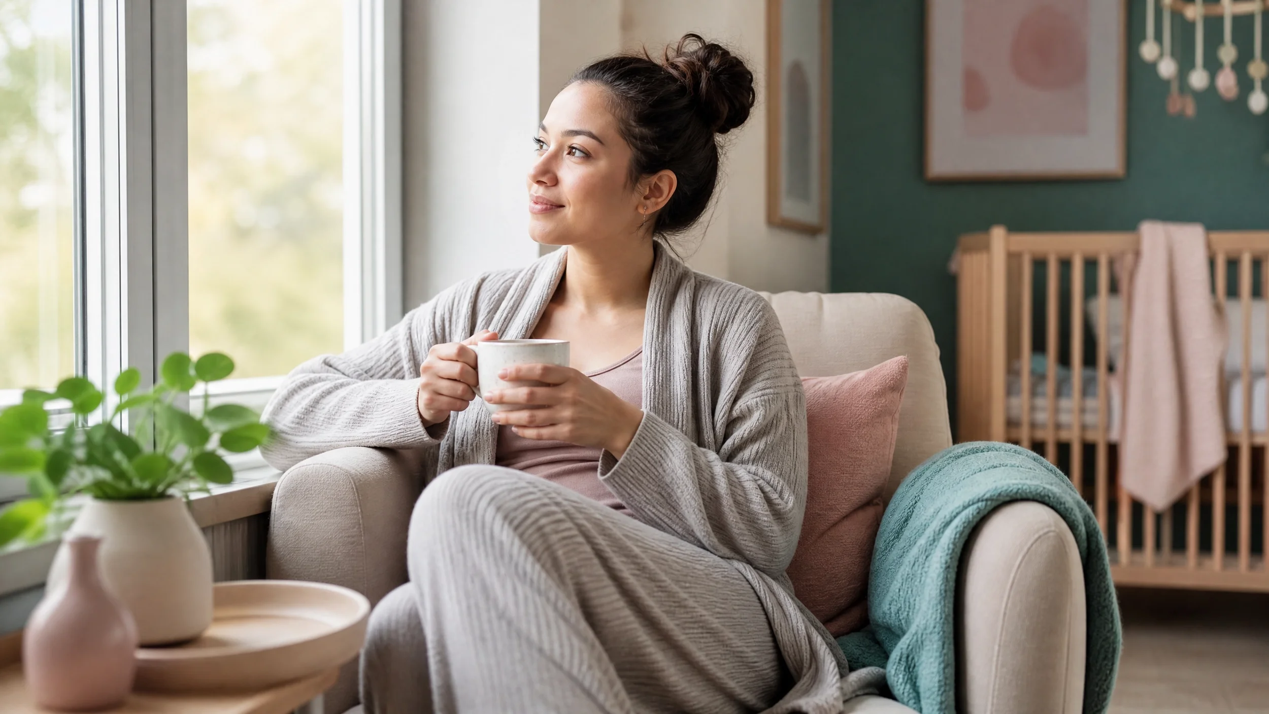 A woman with dark hair in a bun, sitting on a beige chair near a window, holding a white mug, smiling softly while looking outside. Nutrition & Health: Postpartum iron deficiency, ferritin levels after birth, breastfeeding nutrition, bone density and