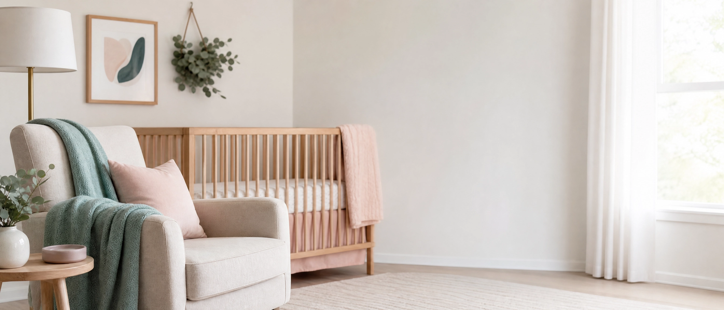 A cozy nursery with a beige armchair draped with a teal blanket and a pink pillow, a light wood crib. Mental Health: Baby blues vs postpartum depression, PPD symptoms, postpartum anxiety, emotional wellbeing after birth, mood stability postpartum.