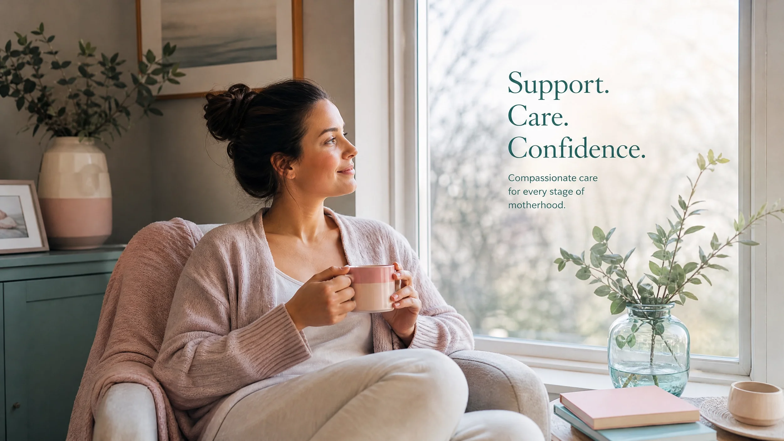 A woman sitting on a beige sofa, holding a pink and beige mug, looking out the window with a calm expression. There is a green dresser with a framed photo and a vase of green plants beside her. A glass vase with a leafy plant sits on the windowsill. The window reveals a blurred outdoor scenery. Text on the image reads: 'Support. Care. Confidence. Compassionate care for every stage of motherhood.'