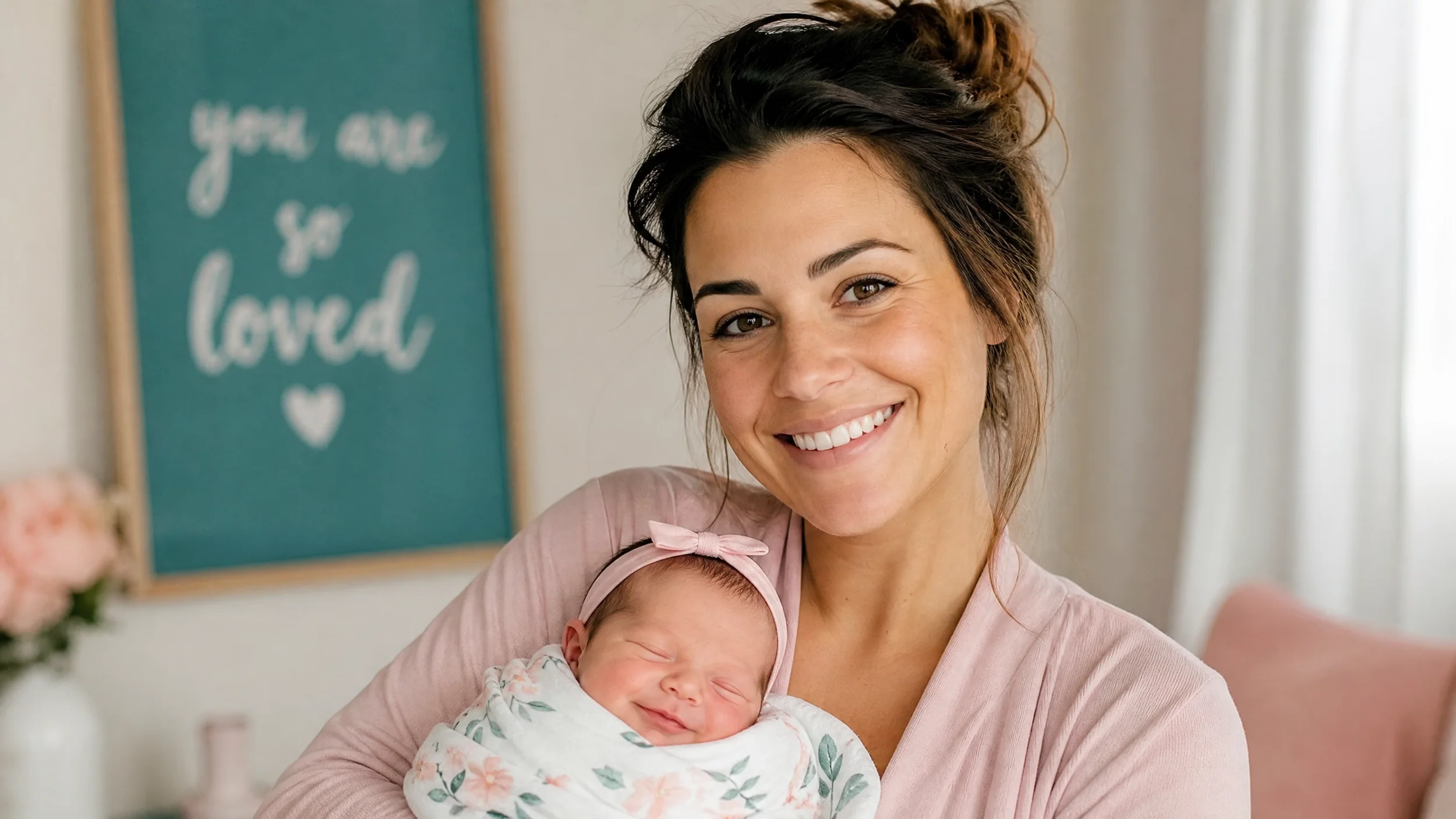 A smiling woman holding a sleeping baby with a floral onesie and pink headband indoors with a teal framed sign that says 'you are so loved' in the background. Uterine involution, lochia stages, perineal healing, C-section recovery, afterpains