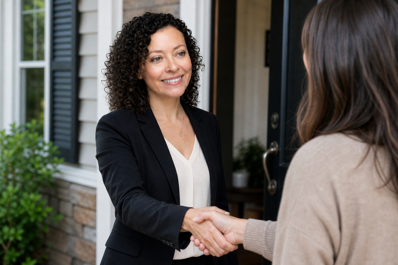 A woman with curly dark hair smiling and shaking hands with another woman outside a house.