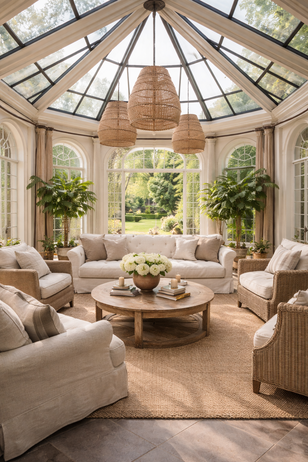 Bright sunlit conservatory with a glass ceiling, white and beige sofas, wicker armchairs, large potted plants, and a wooden coffee table with flowers and candles. Large windows offer a view of a lush green garden.